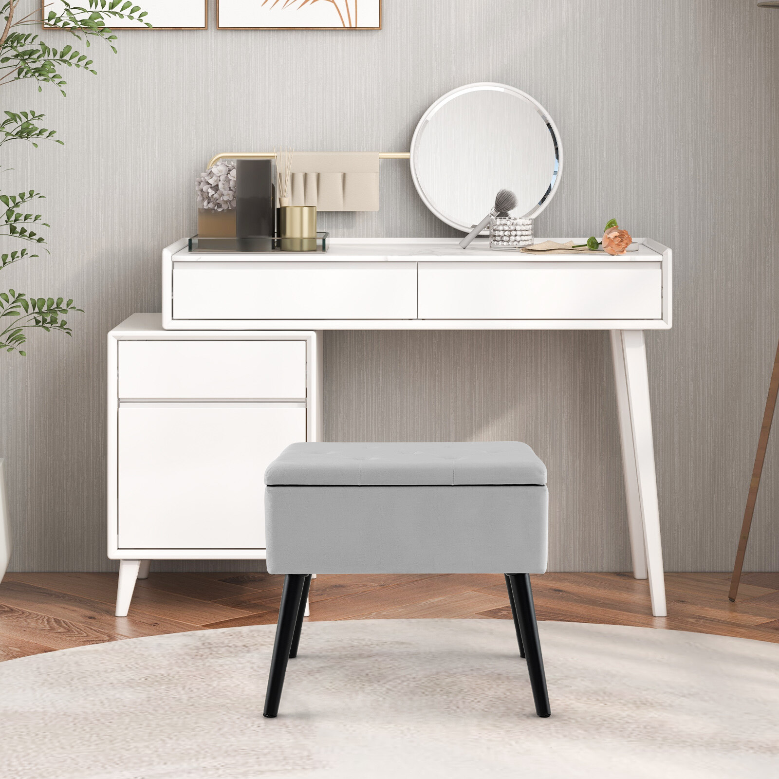 Velvet Storage Ottoman with Solid Wood Legs for Living Room Bedroom-Gray Velvet Storage Ottoman with Solid Wood Legs for Living Room Bedroom-Gray