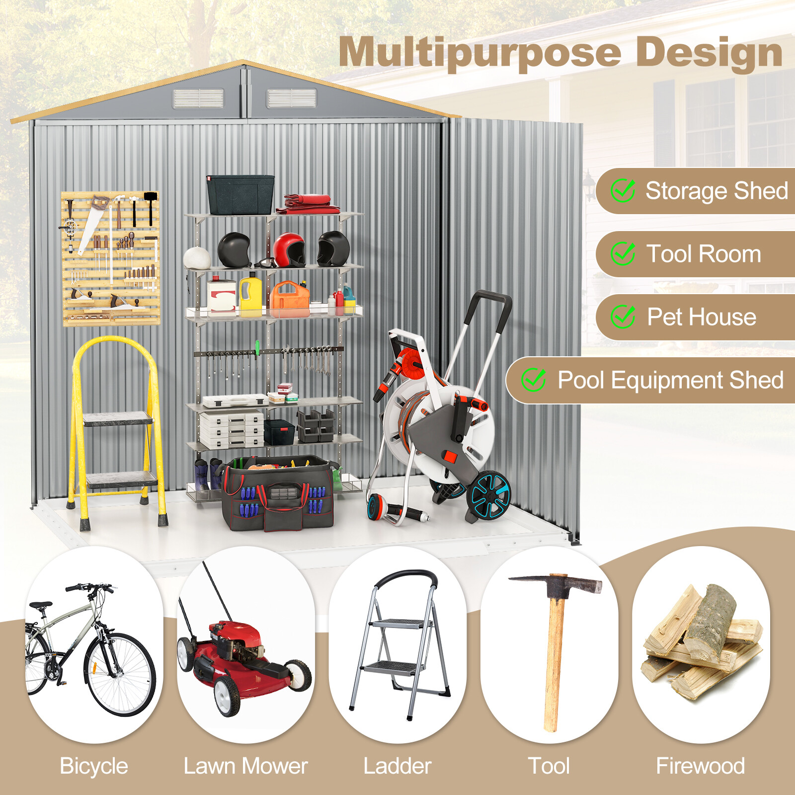 6 x 4 jala (1,8 m) tsingitud terasest kuur lukustatavate lükandustega - naturaalne