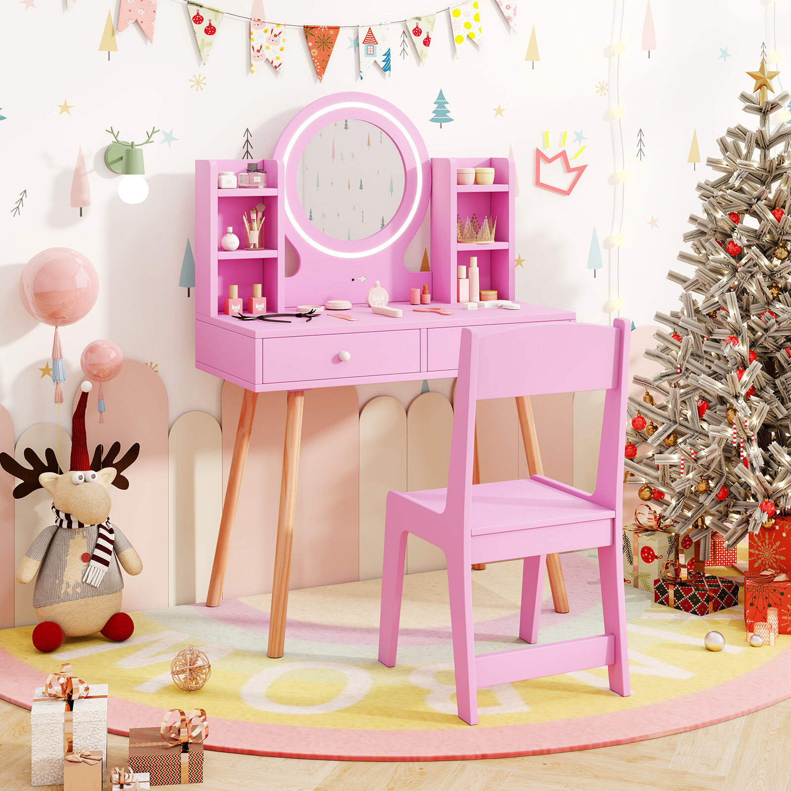 Kids Vanity Set with Lighted Mirror and Storage Drawers-Pink Kids Vanity Set with Lighted Mirror and Storage Drawers-Pink