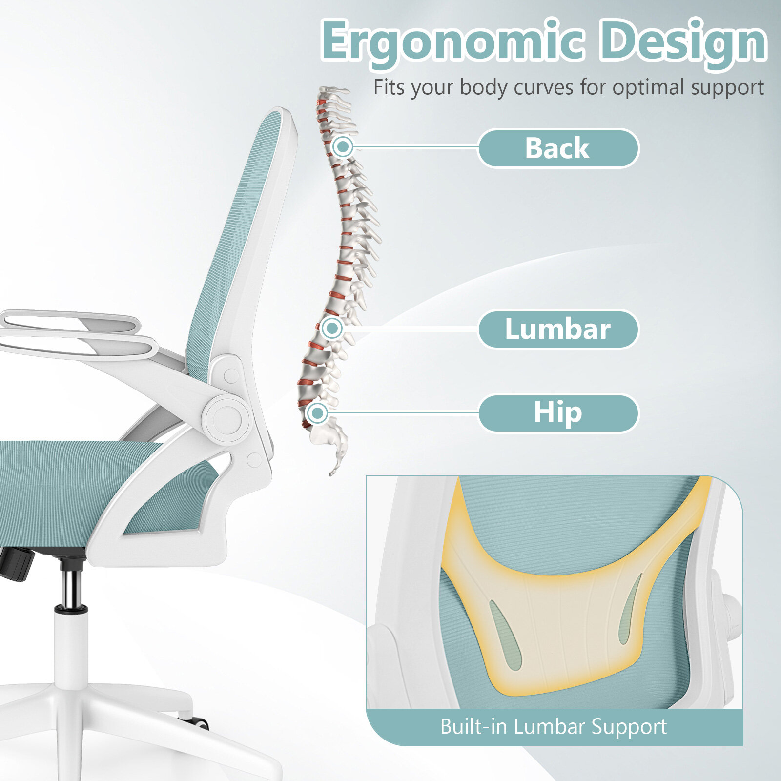 Ergonoomiline arvutilaua tool nimmetoe ja ülespööratavate käetugedega - tumesinine
