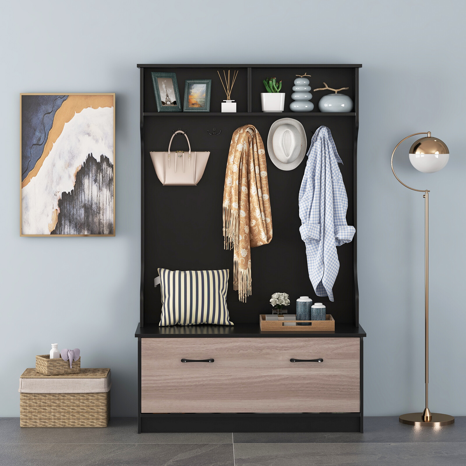 3-ühes riidenagi esiku pingi, konksude ja suletud kapiga - must