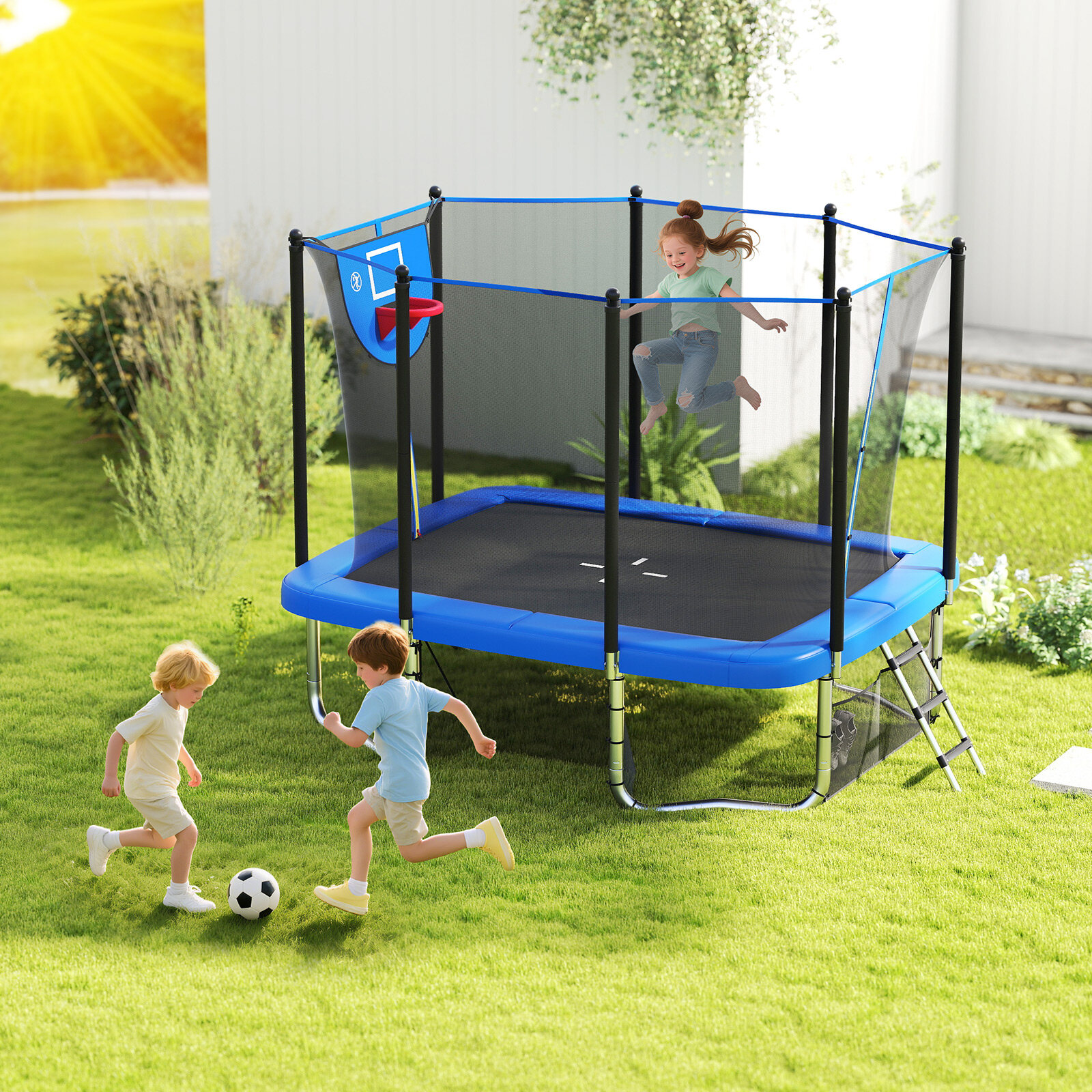 Rectangle Outdoor Trampoline 10 x 8 FT Heavy-Duty Trampoline with Basketball Hoop-Blue
