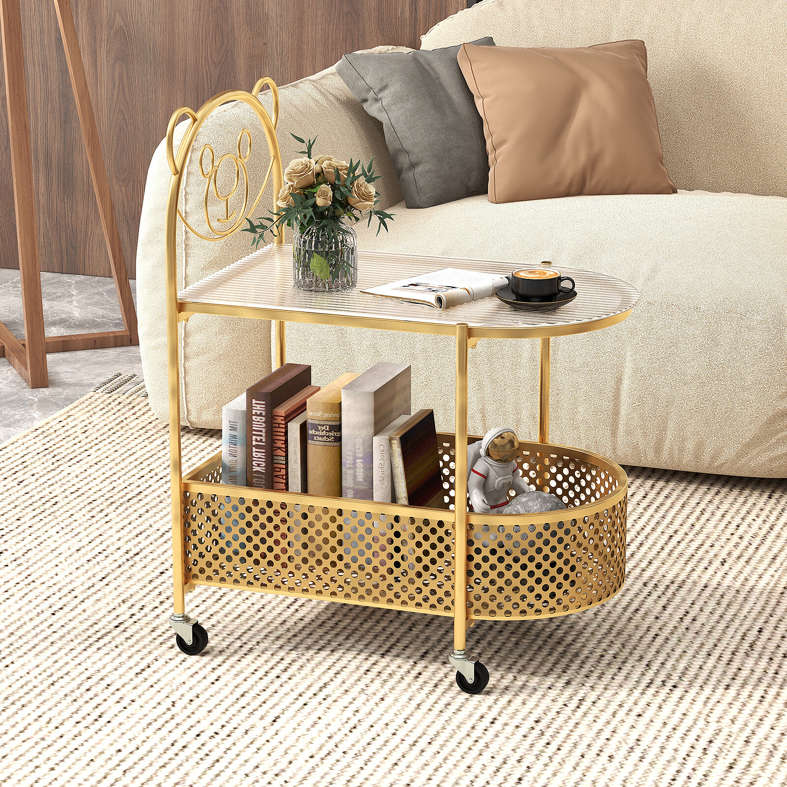 2-Tier Mobile Glass Coffee Table with Bear Pattern-Golden