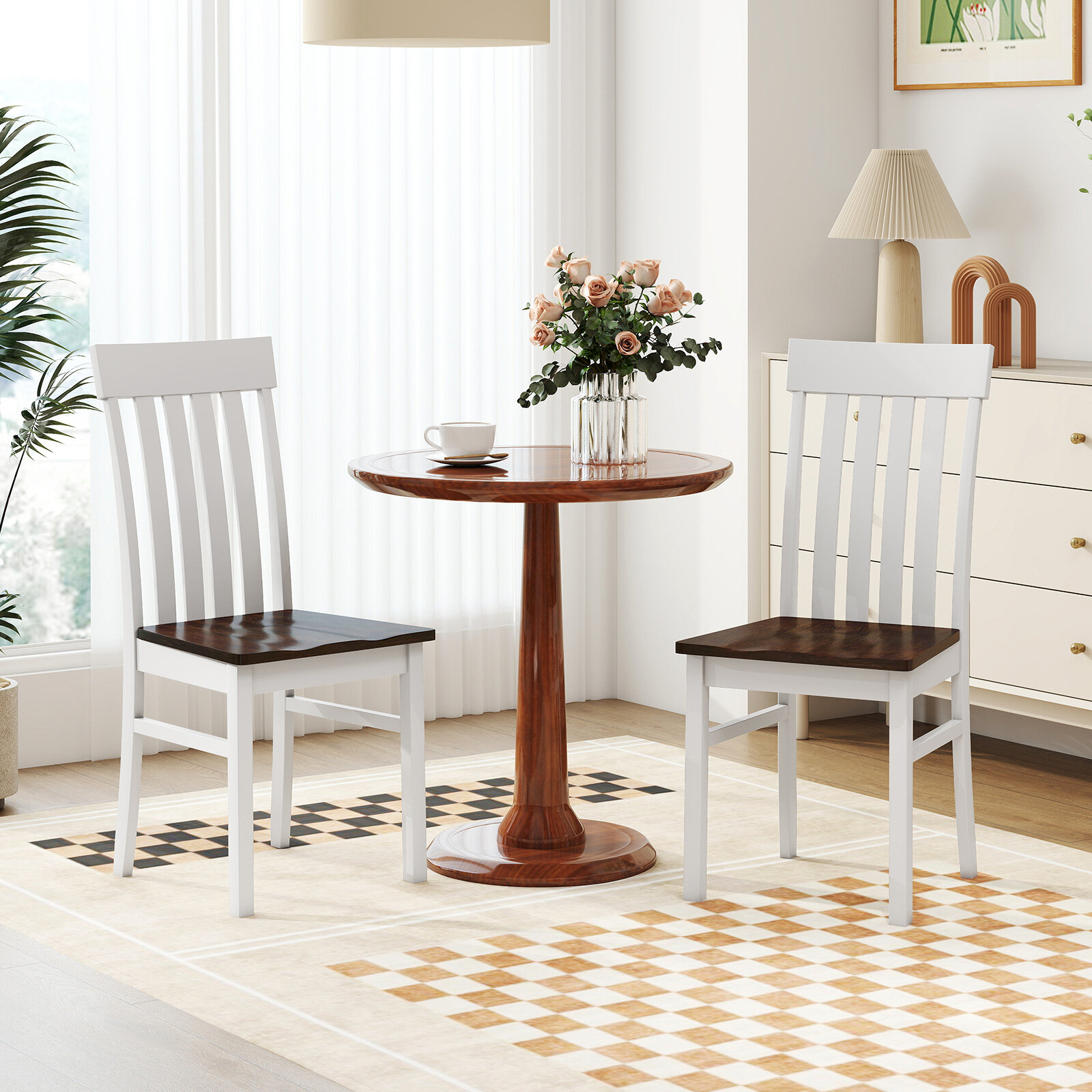 Set of 2 Kitchen Armless Dining Chairs with Slatted High Backrests-White