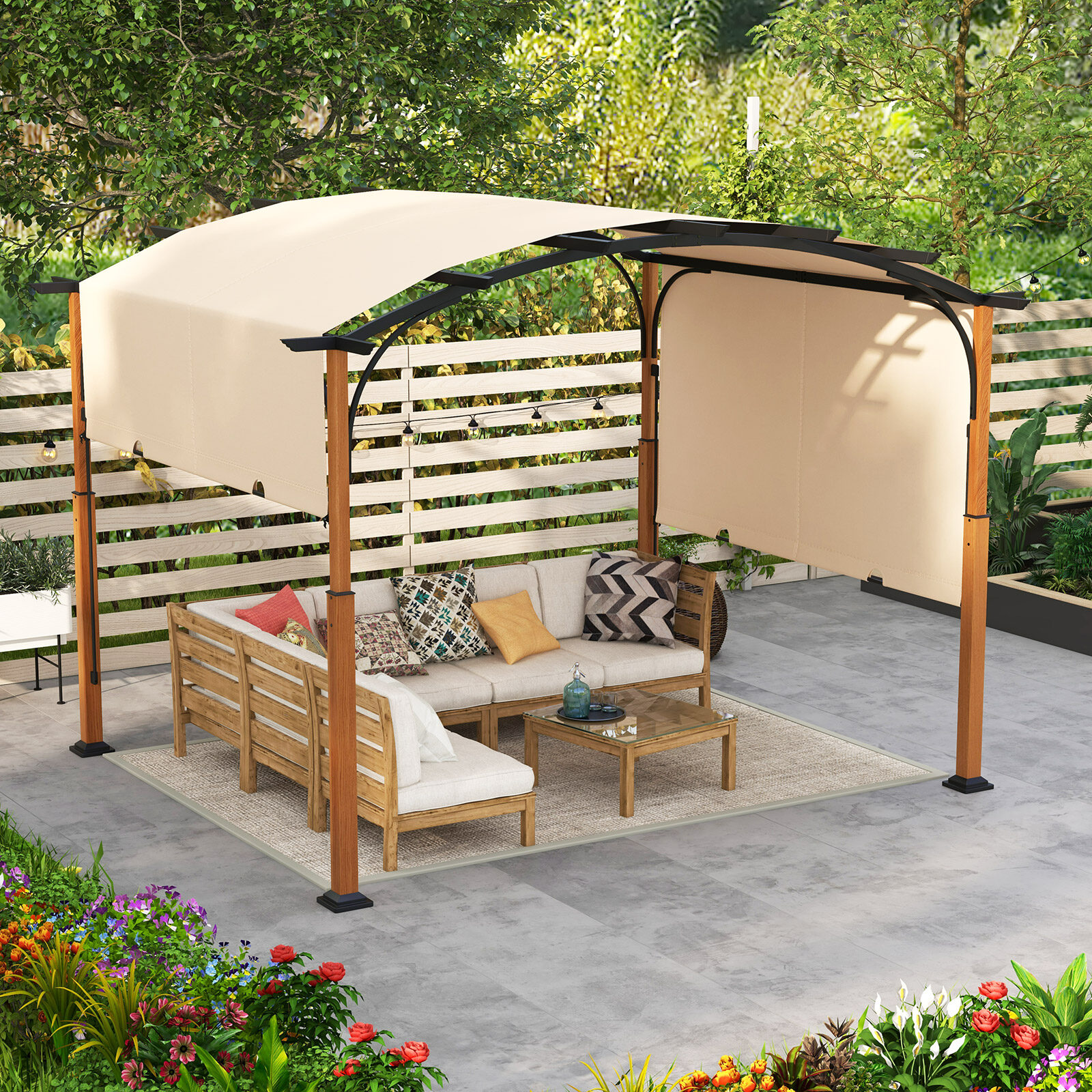 10 x 12 jala (3,6 m) sissetõmmatav pergola terrassile ja varikatusega - beež