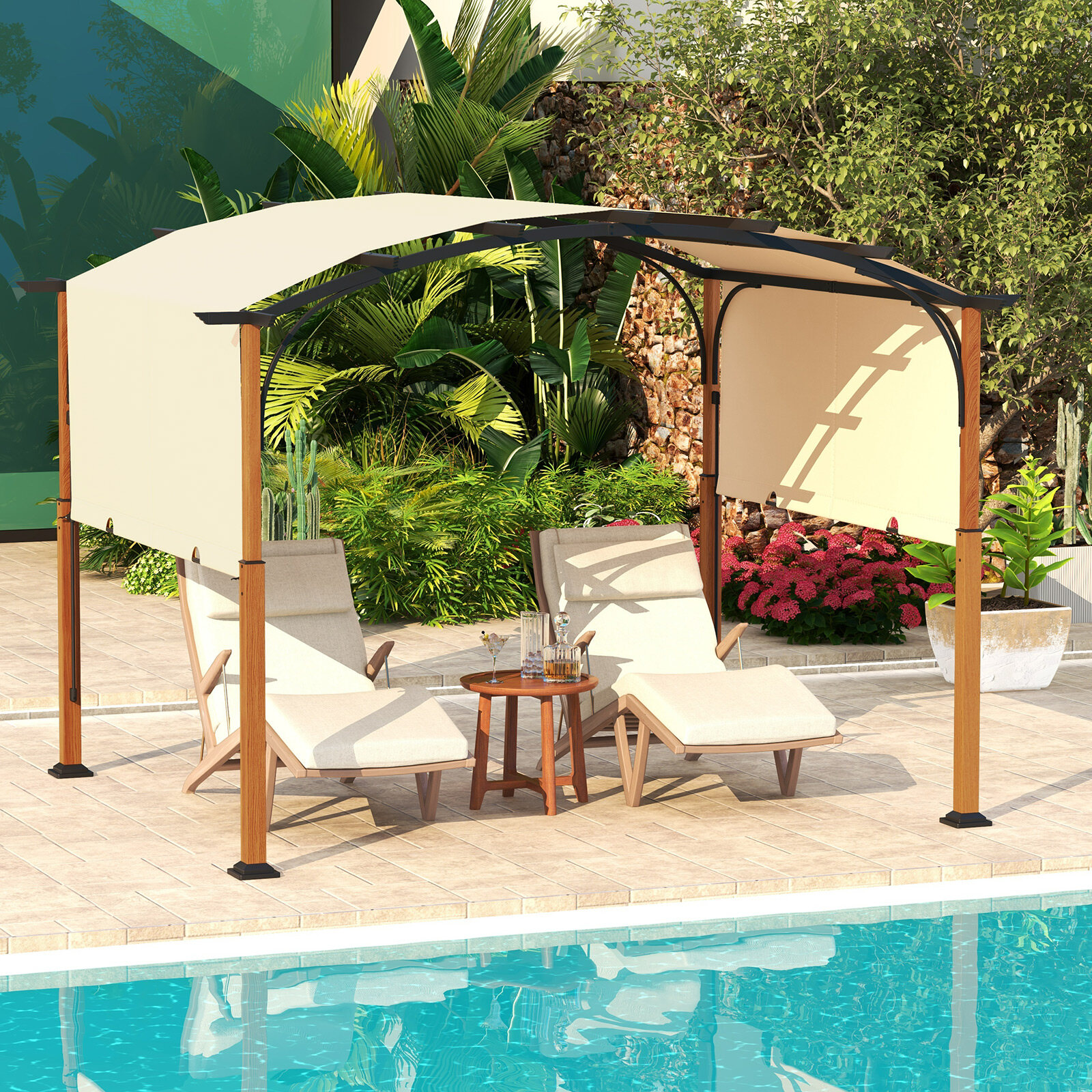 10 x 12 jala (3,6 m) sissetõmmatav pergola terrassile ja varikatusega - beež