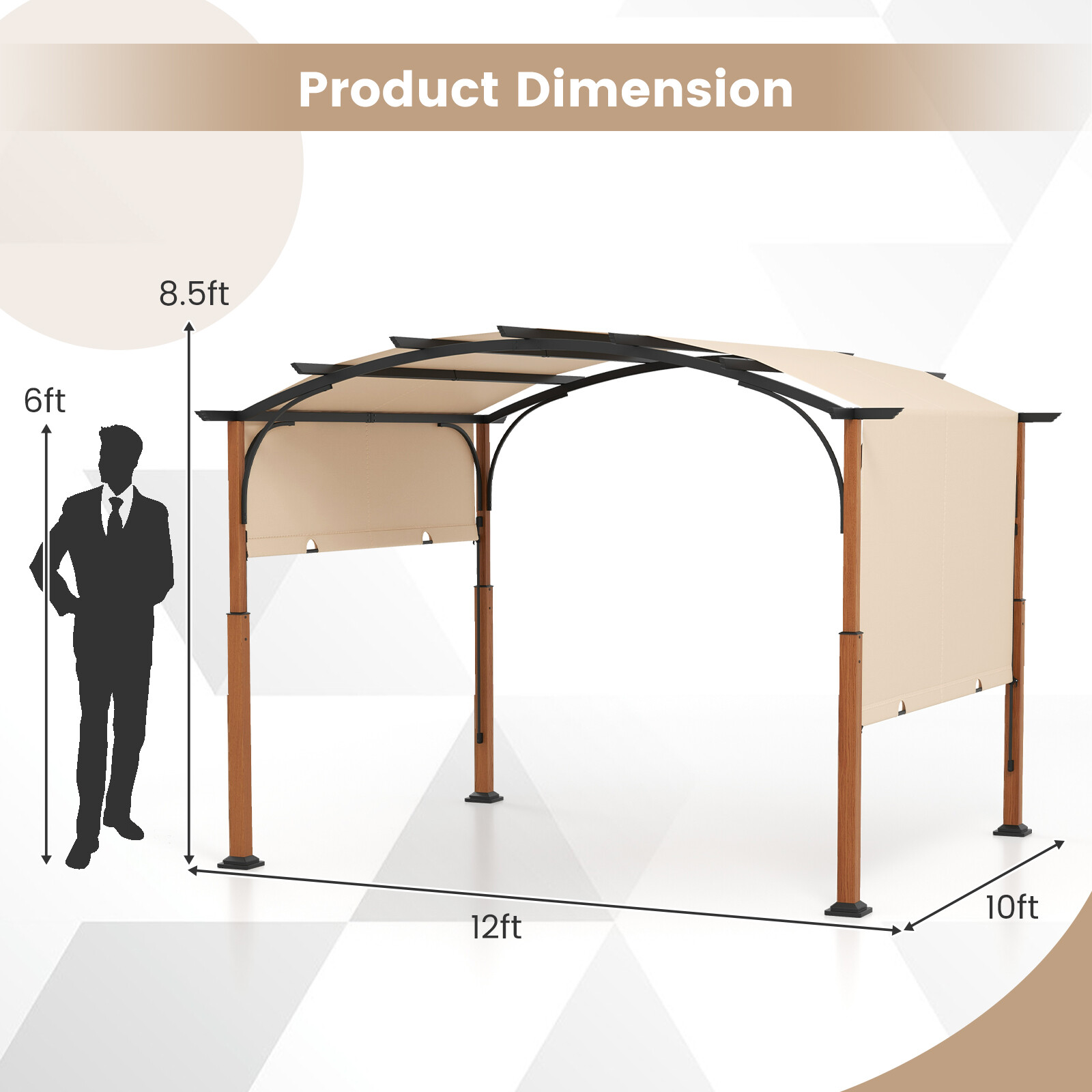 10 x 12 jala (3,6 m) sissetõmmatav pergola terrassile ja varikatusega - beež