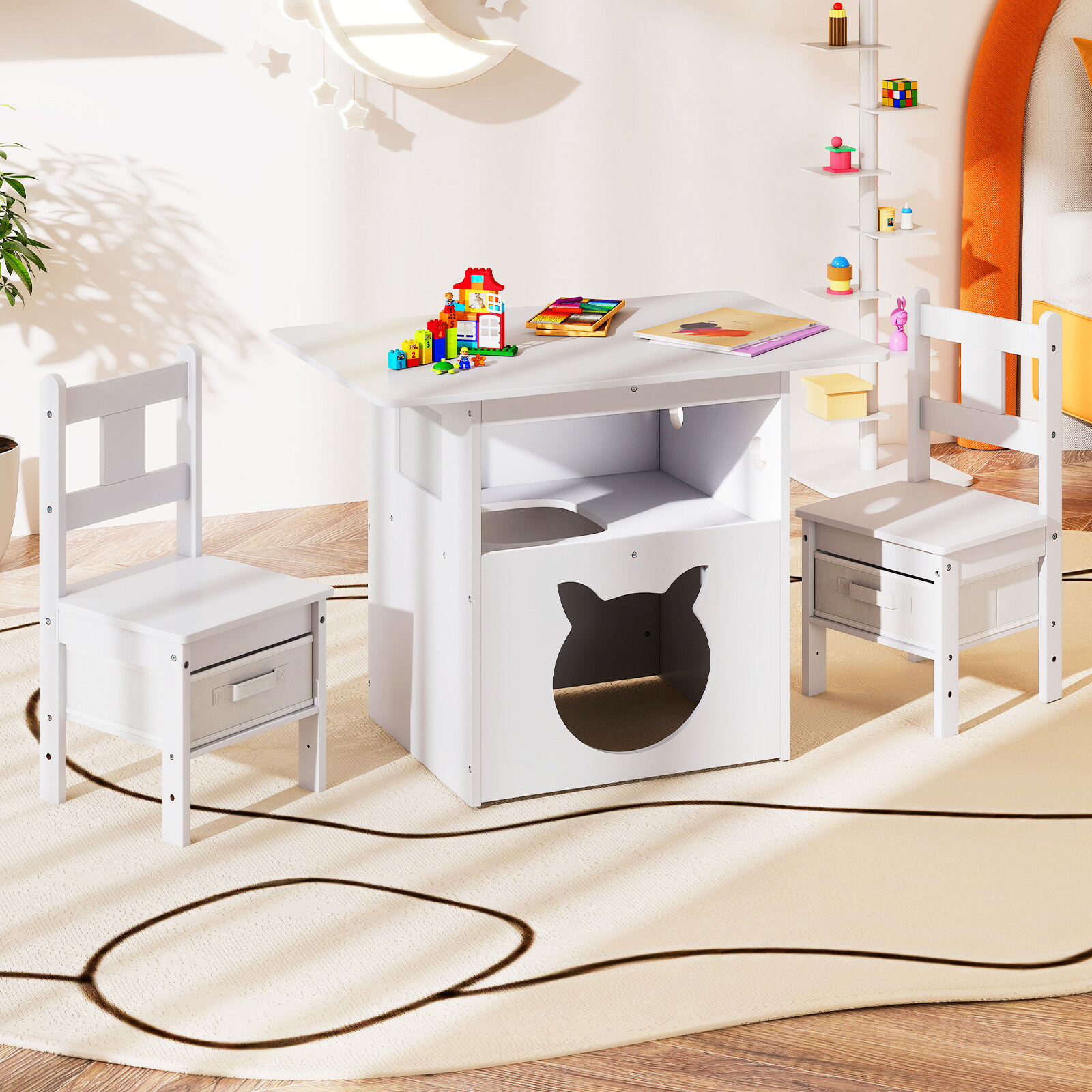 Kids Table and Chairs Set 3 Pieces Wooden Children Furniture with Cat House-White Kids Table and Chairs Set 3 Pieces Wooden Children Furniture with Cat House-White