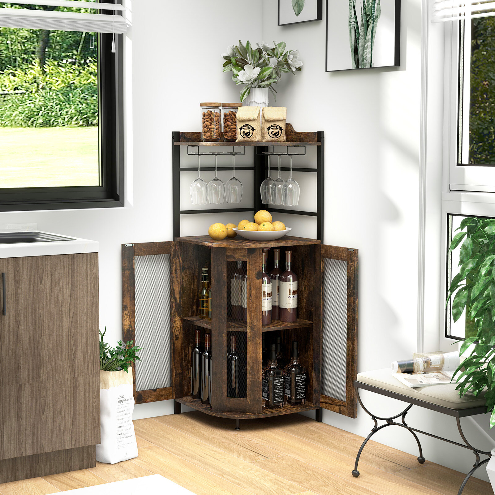 Industrial Corner Bar Cabinet with Glass Holder and Adjustable Shelf-Rustic Brown Industrial Corner Bar Cabinet with Glass Holder and Adjustable Shelf-Rustic Brown