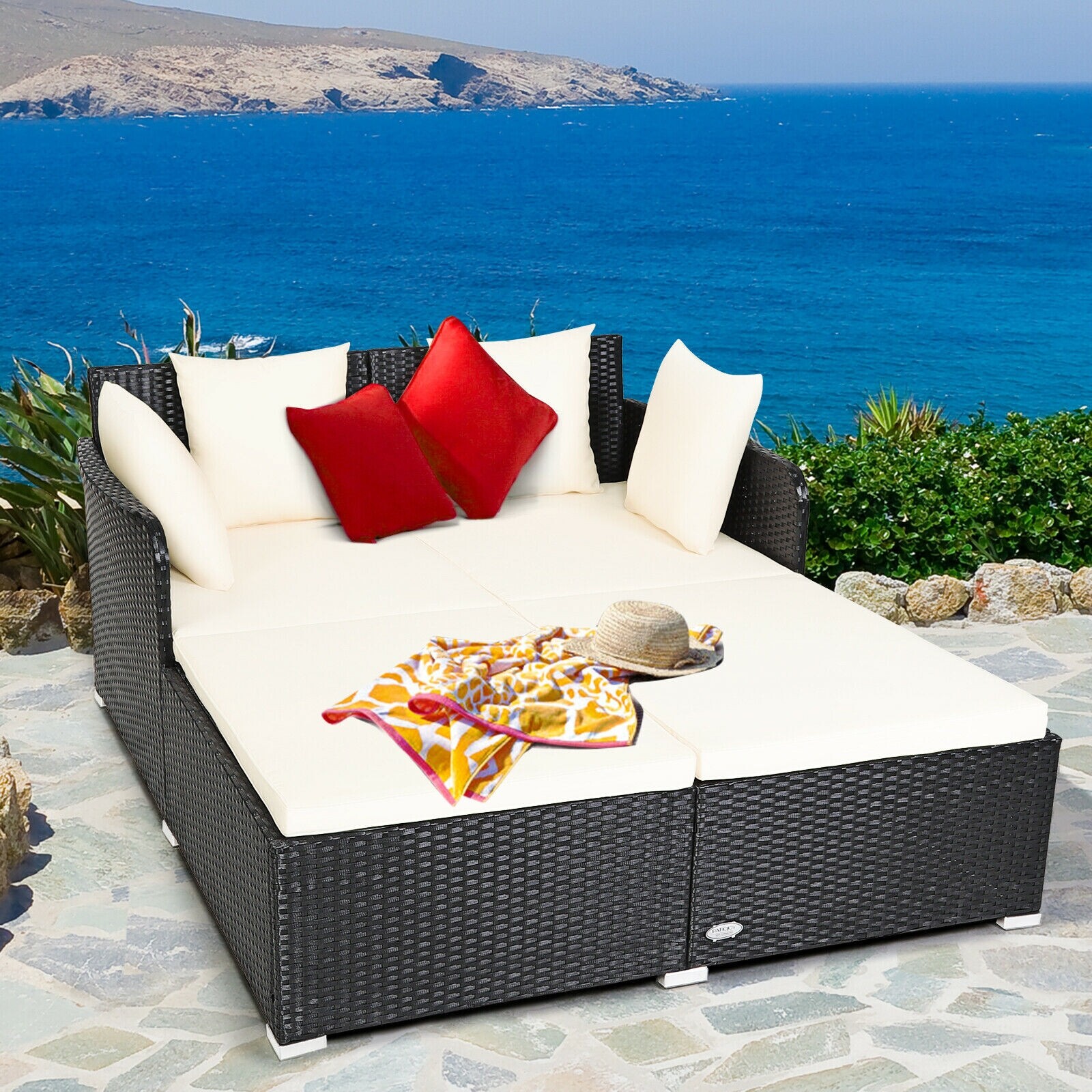 Spacious Outdoor Rattan Daybed with Upholstered Cushions and Pillows-White Spacious Outdoor Rattan Daybed with Upholstered Cushions and Pillows-White