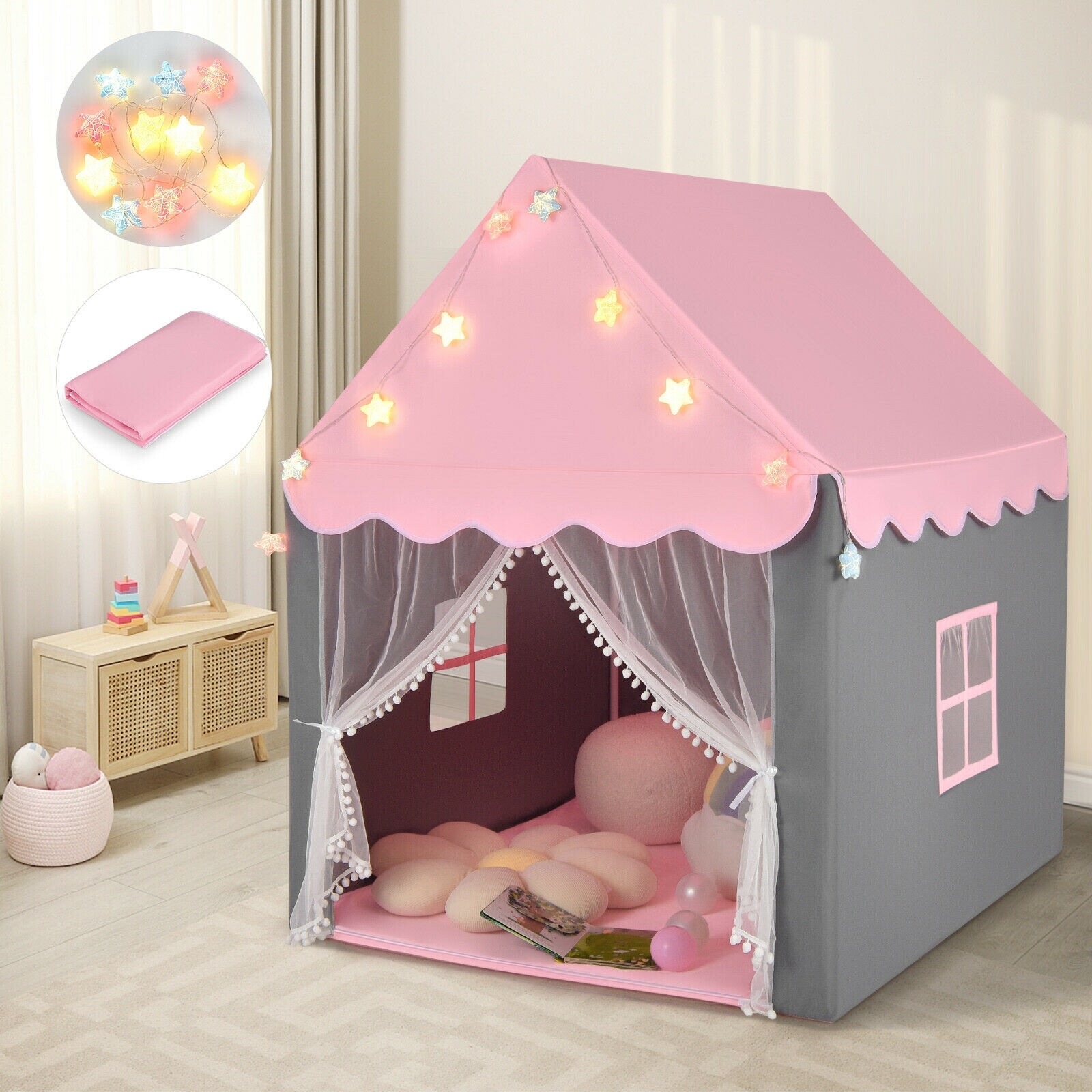 Kids Playhouse Tent with Star Light and Mat-Pink Kids Playhouse Tent with Star Light and Mat-Pink