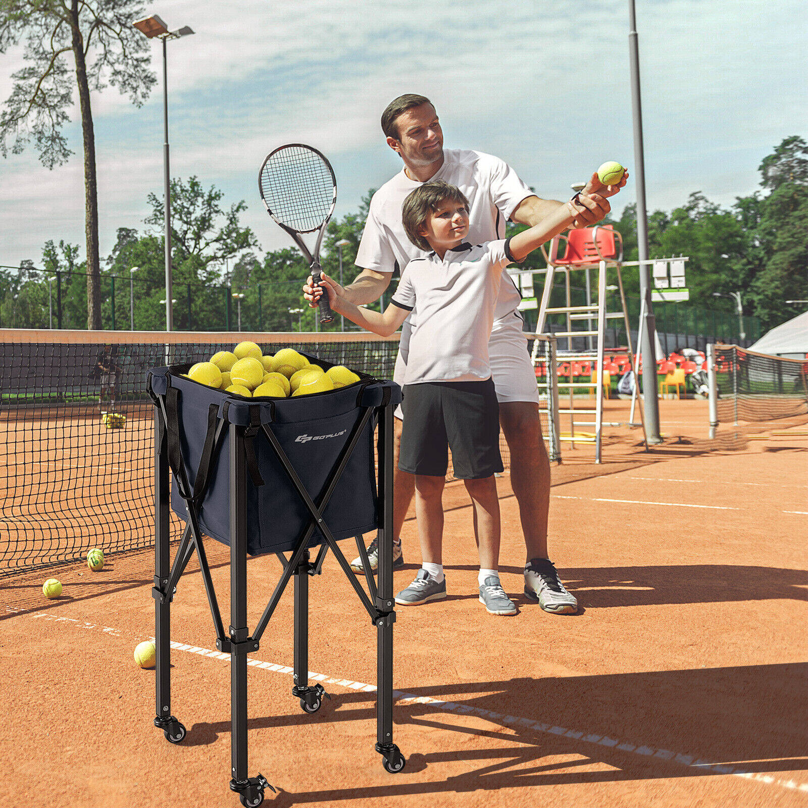 Kerge kokkupandav tennisepalli õppekäru rataste ja eemaldatava kotiga - sinine