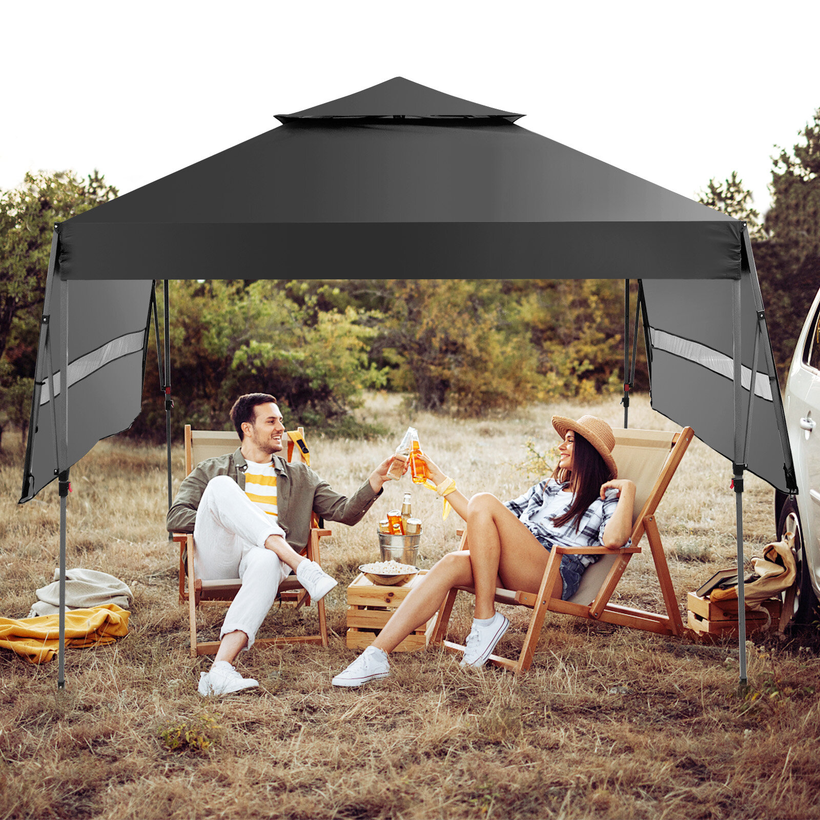 10 x 17.6 Feet Outdoor Instant Pop-up Canopy Tent with Dual Half Awnings-Black