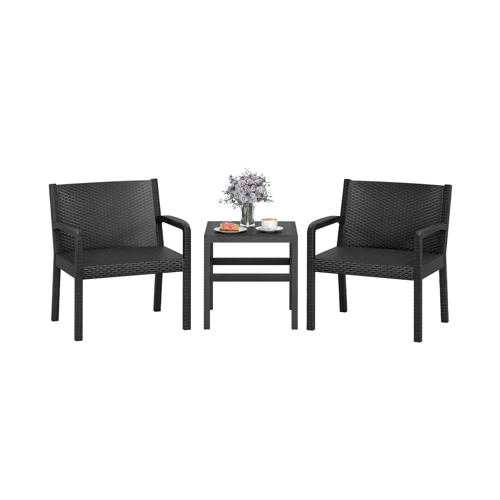 3-osaline terrassimööbli komplekt, 2 modernset rotangist tugitooli ja 64 cm Squire abilauda - must