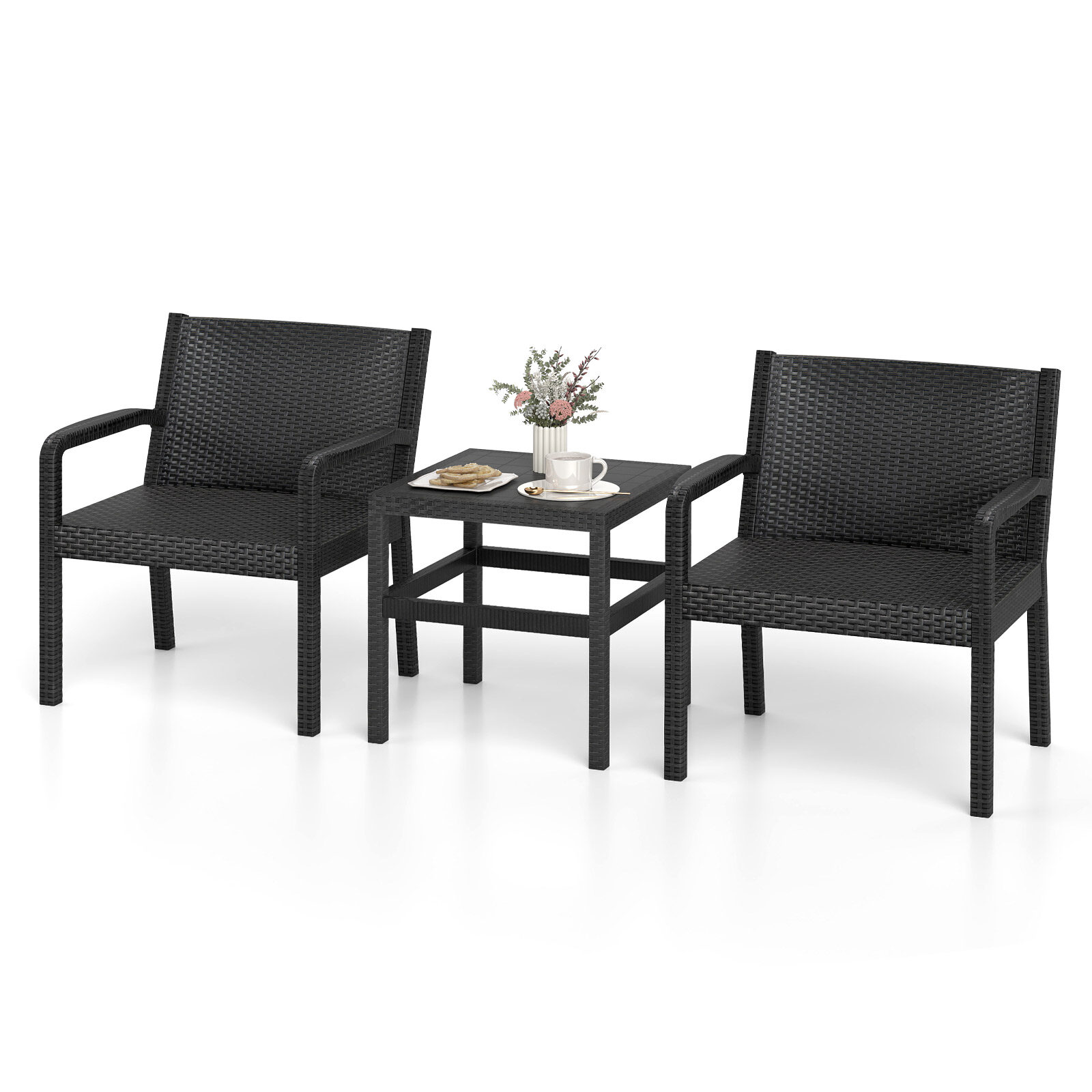 3-osaline terrassimööbli komplekt, 2 modernset rotangist tugitooli ja 64 cm Squire abilauda - must