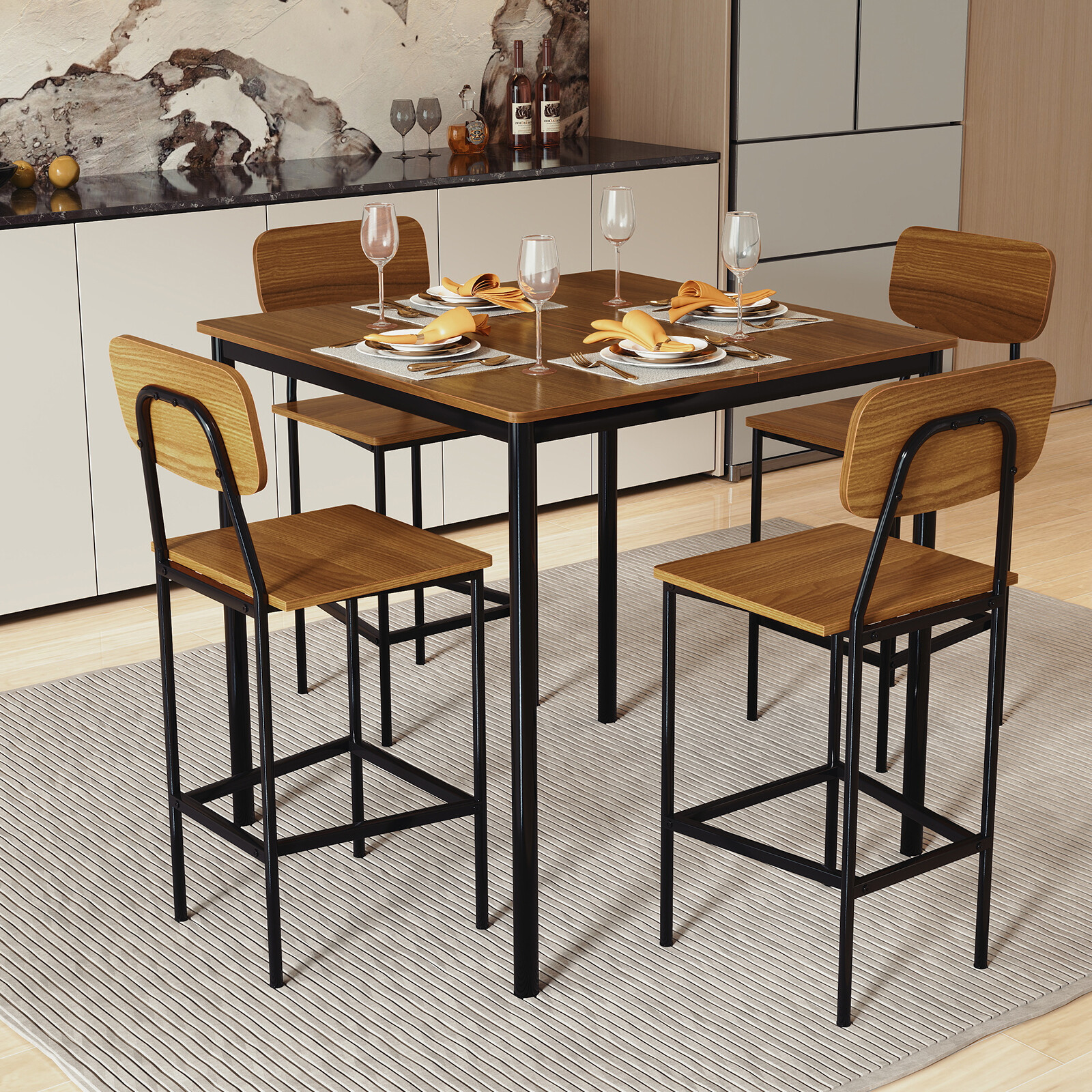 5-Piece Industrial Dining Table Set with Counter Height Table and 4 Bar Stools-Teak 5-Piece Industrial Dining Table Set with Counter Height Table and 4 Bar Stools-Teak