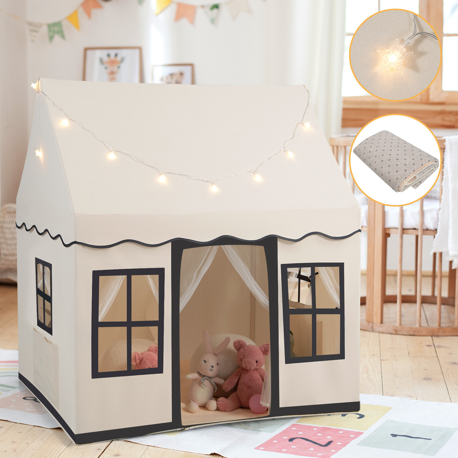 Toddler Large Playhouse with Star String Lights-Beige Toddler Large Playhouse with Star String Lights-Beige
