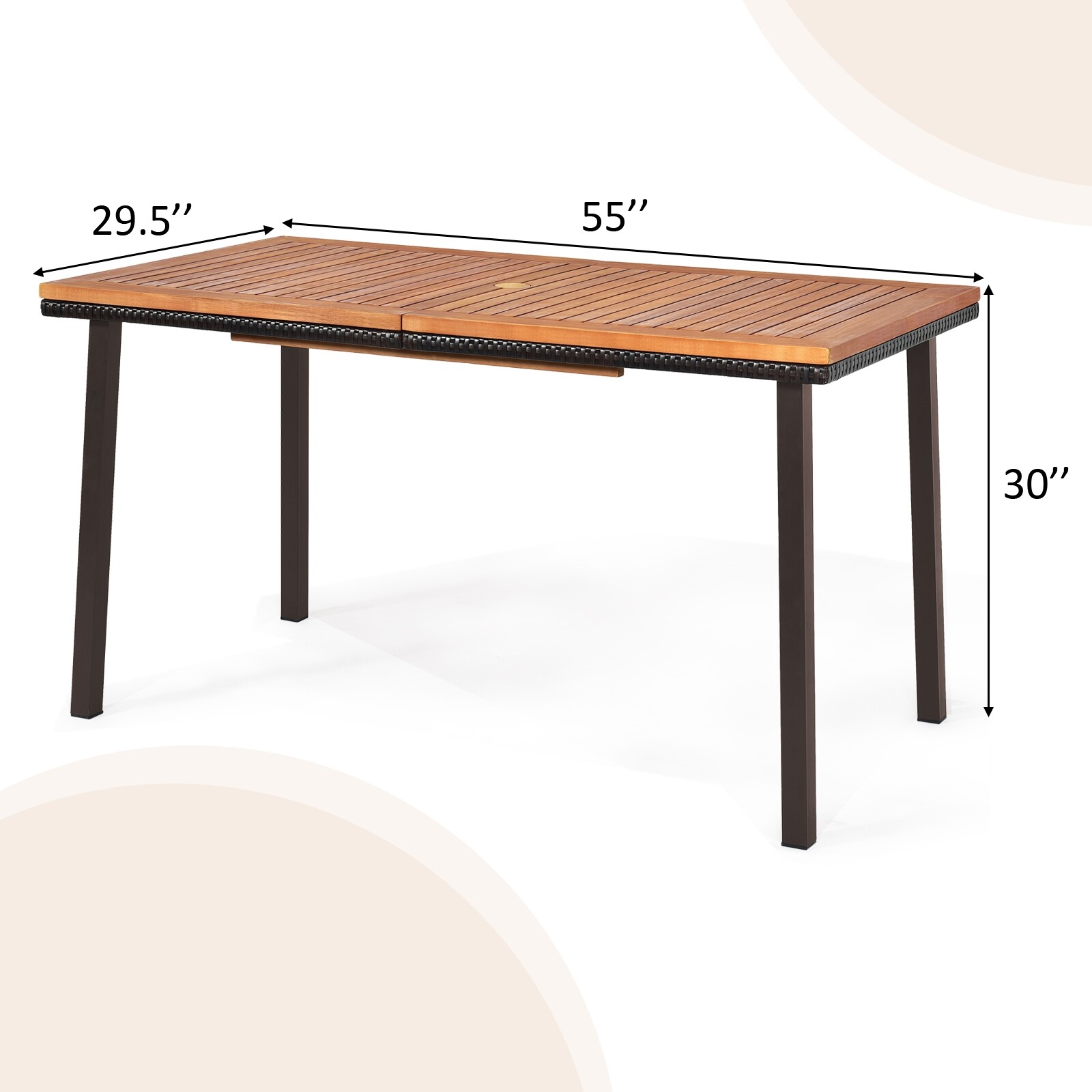 140 cm terrassile mõeldud akaatsiapuidust söögilaud päikesevarjuauguga