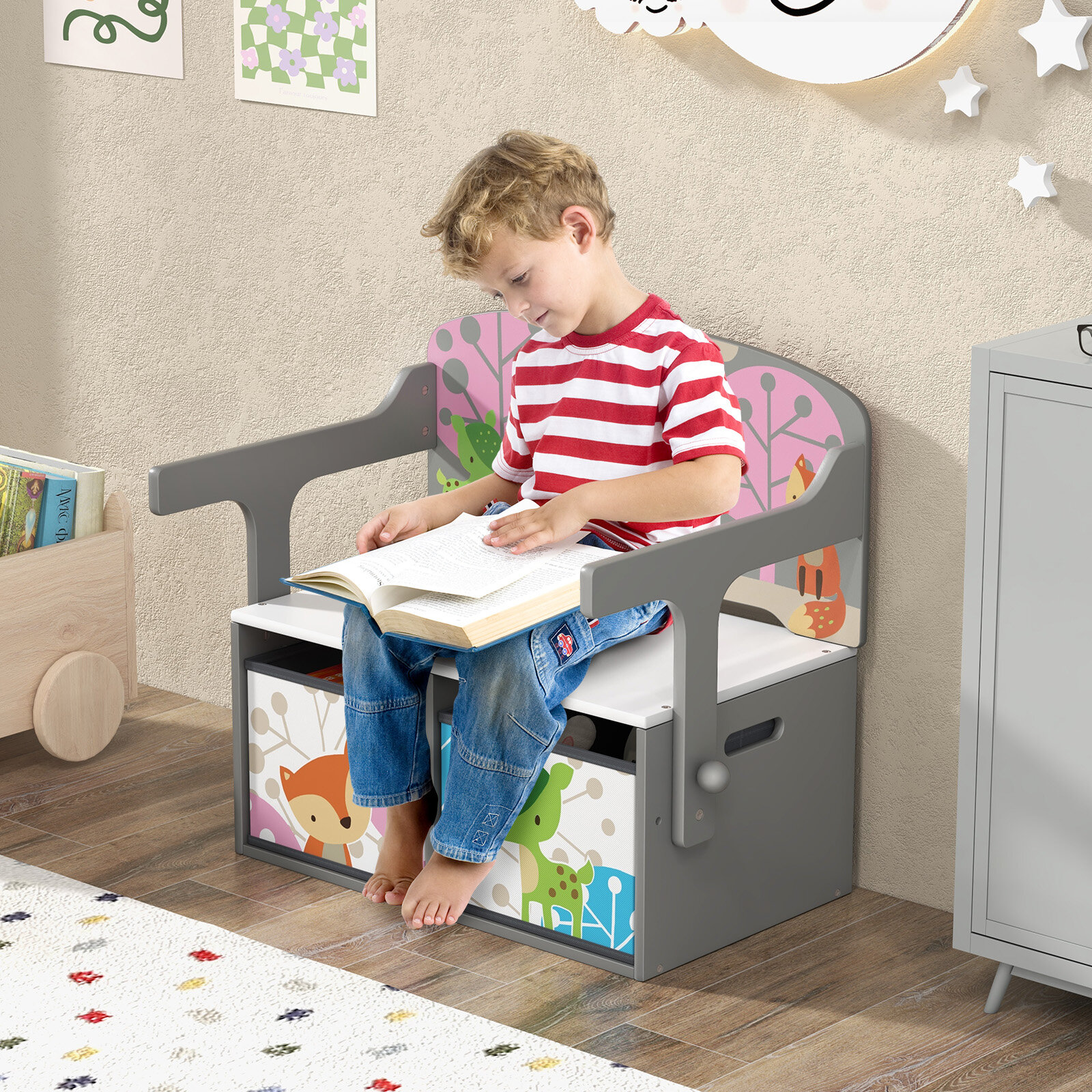 3 in 1 Kids Convertible Activity Bench with 2 Removable Fabric Bins-Gray 3 in 1 Kids Convertible Activity Bench with 2 Removable Fabric Bins-Gray