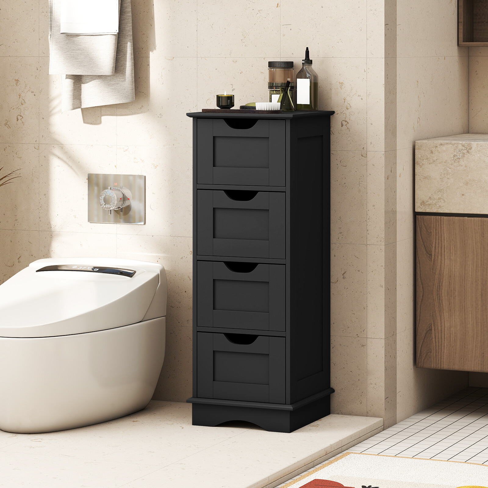 Bathroom Storage Cabinet with Cutout Handles and 4 Drawers-Black Bathroom Storage Cabinet with Cutout Handles and 4 Drawers-Black