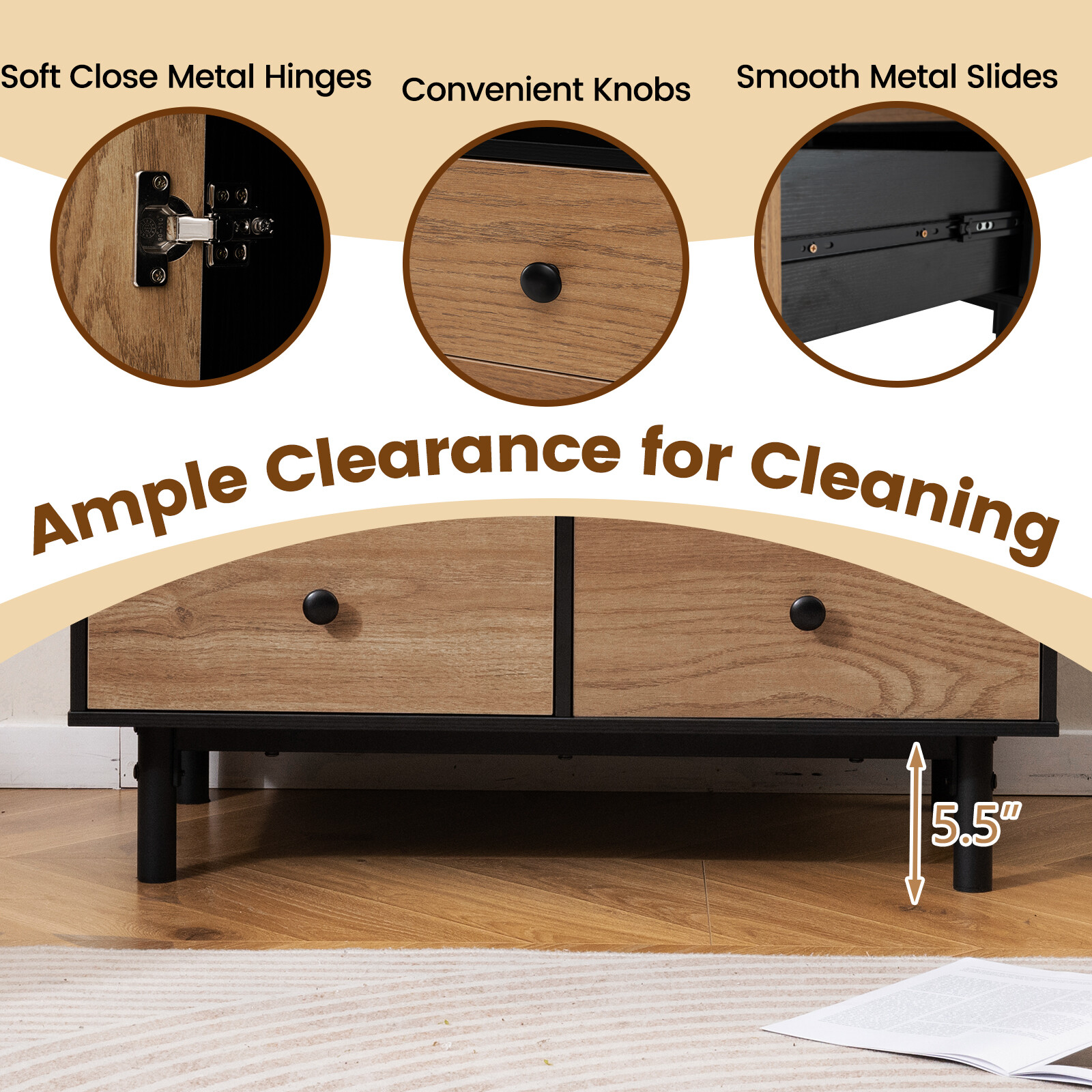 Puhveti puhvetkapp, kesksajandi moodne hoiukapp, 4 sahtli ja avatud sektsiooniga, must