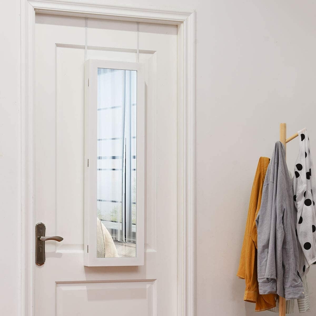 Full Length Mirror Jewelry Cabinet with Ring Slots and Necklace Hooks-White Full Length Mirror Jewelry Cabinet with Ring Slots and Necklace Hooks-White