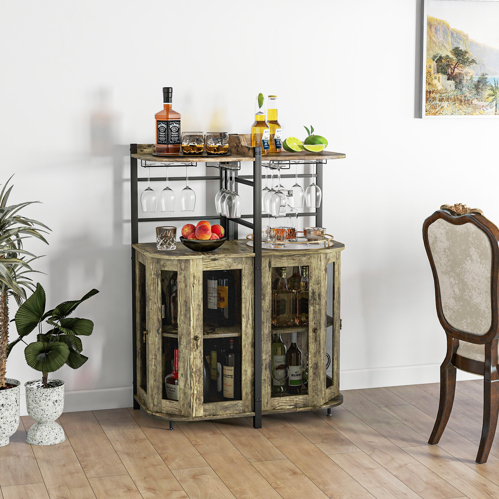 Industrial Corner Bar Cabinet with Glass Holder and Adjustable Shelf-Taupe Industrial Corner Bar Cabinet with Glass Holder and Adjustable Shelf-Taupe