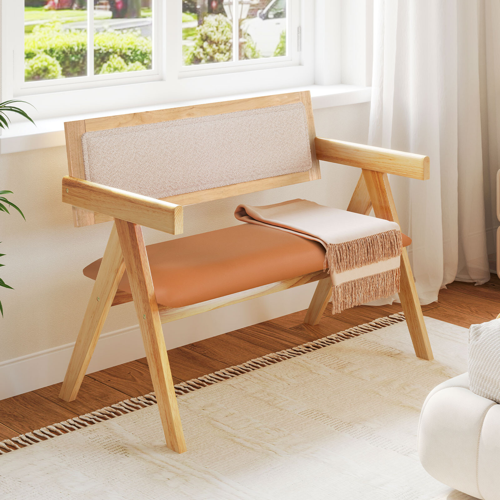 Rubber Wood Dining Bench with Armrest Sherpa Upholstered Backrest and Soft-padded Seat-Natural Rubber Wood Dining Bench with Armrest Sherpa Upholstered Backrest and Soft-padded Seat-Natural