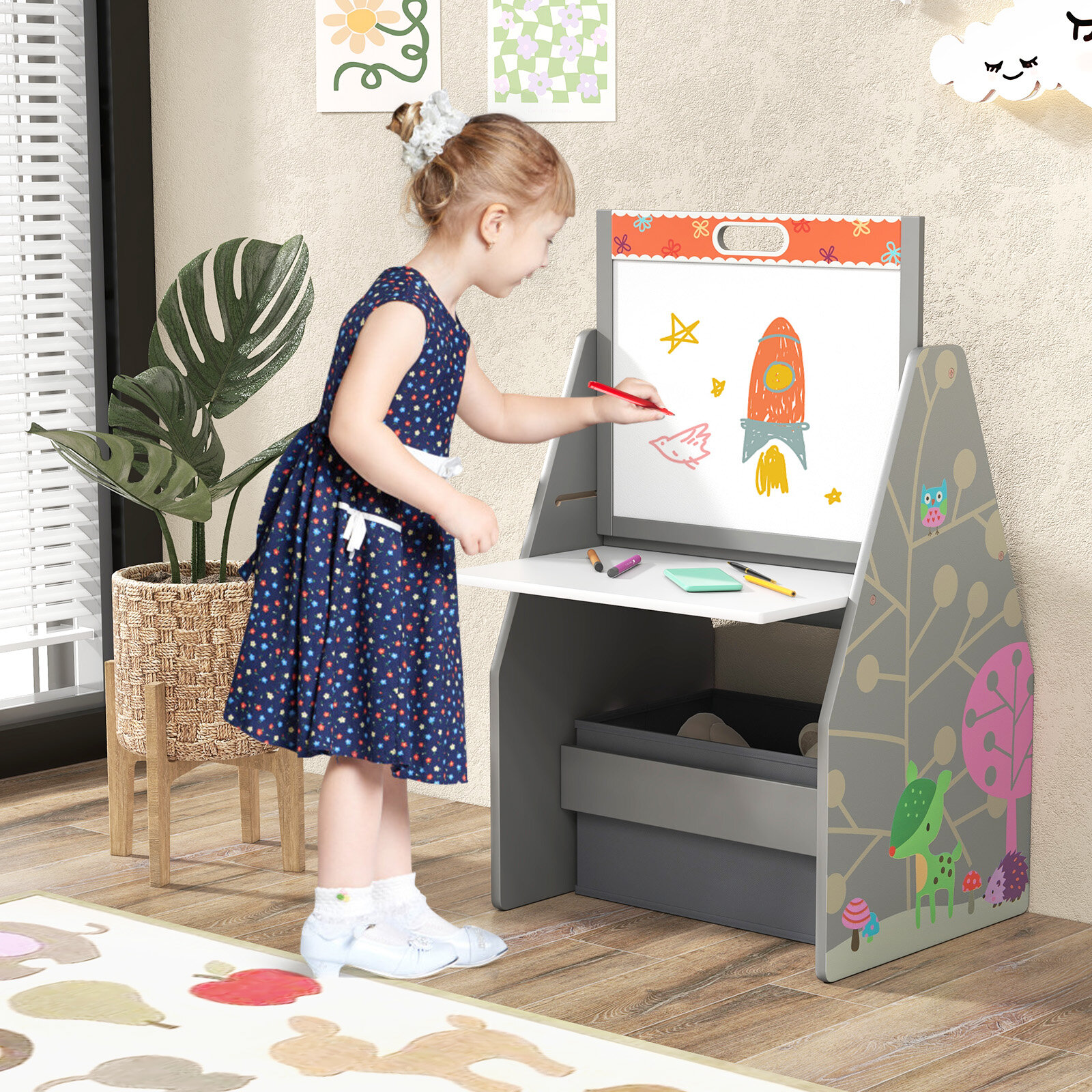 3 in 1 Kids Easel and Play Station Convertible with Chair and Storage Bins-Gray 3 in 1 Kids Easel and Play Station Convertible with Chair and Storage Bins-Gray