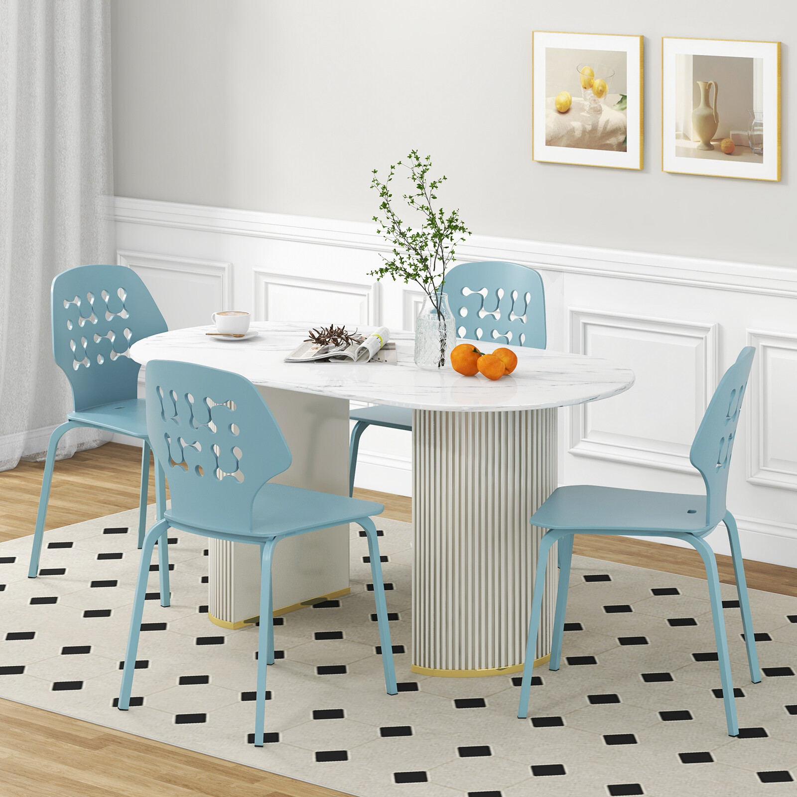 Set of 4 Metal Dining Chair with Hollowed Backrest and Metal Legs-Blue