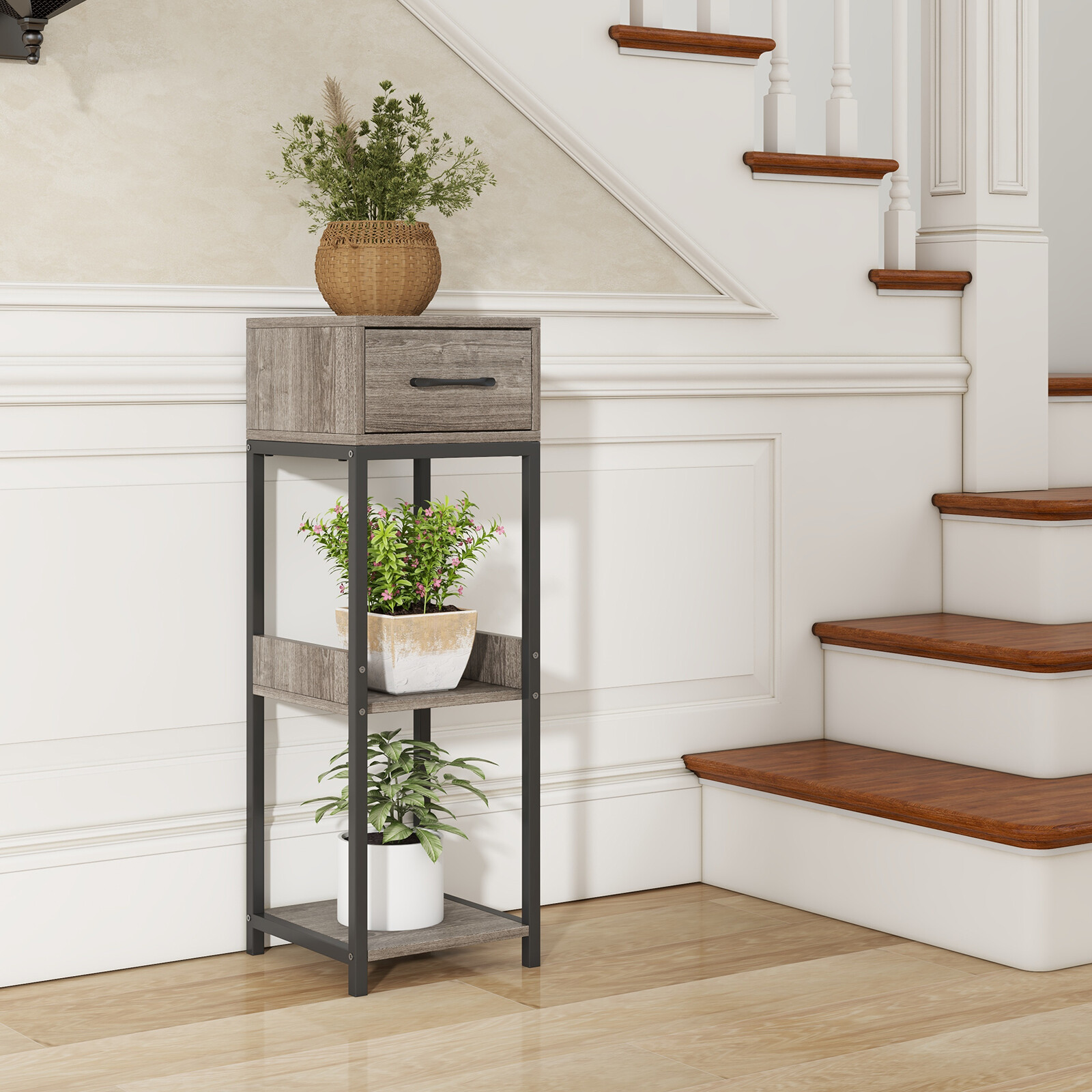 3 Tier Tall Plant Stand with Drawer Anti-tipping Devices-Gray 3 Tier Tall Plant Stand with Drawer Anti-tipping Devices-Gray