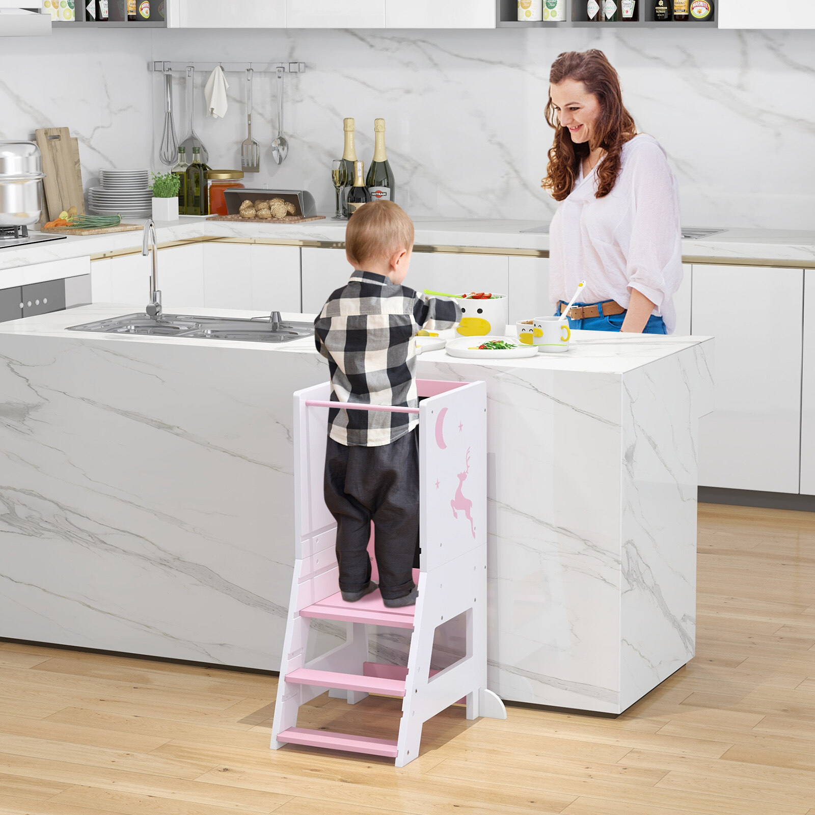 Toddler Kitchen Stool Helper Baby Standing Tower with Chalkboard and Whiteboard-Pink Toddler Kitchen Stool Helper Baby Standing Tower with Chalkboard and Whiteboard-Pink