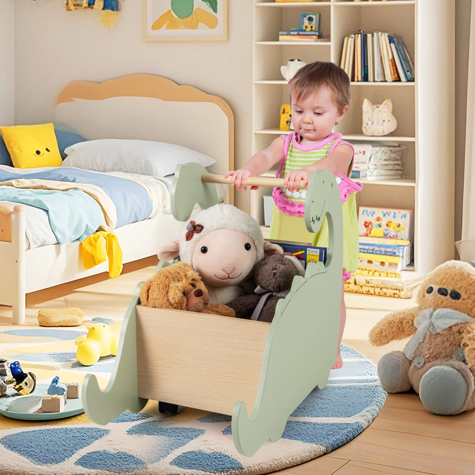 2 in 1 Wooden Baby Push Walker with Pine Wood Handle-Green