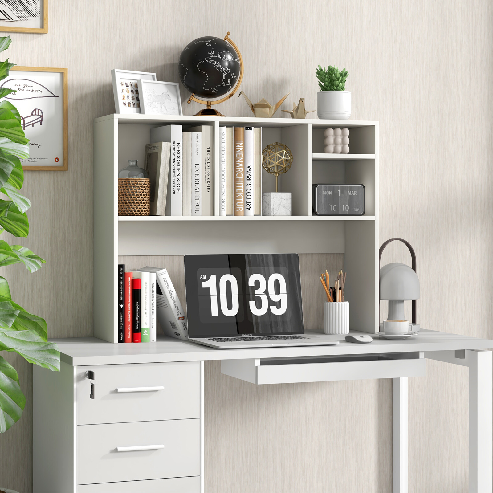 Computer Desktop Bookcase with 4 Cubbies and Open Back Compartment-White Computer Desktop Bookcase with 4 Cubbies and Open Back Compartment-White