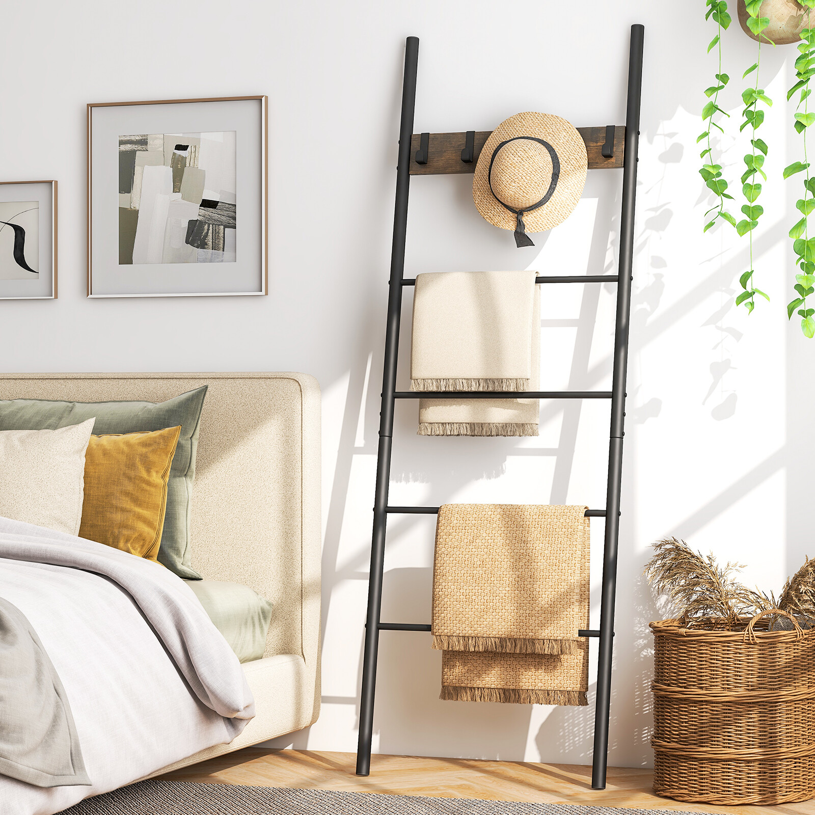 Wall-Leaning Decorative Blanket Holder with 5 Removable Hooks Wall-Leaning Decorative Blanket Holder with 5 Removable Hooks