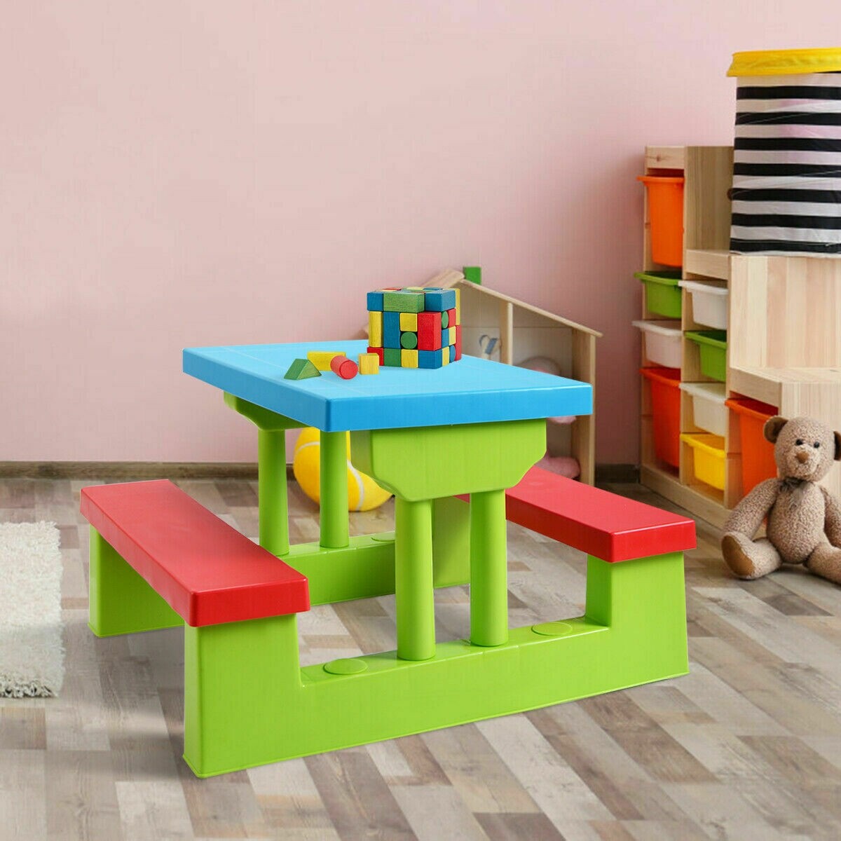 Laste pikniku kokkupandav laud ja pink koos vihmavarjuga