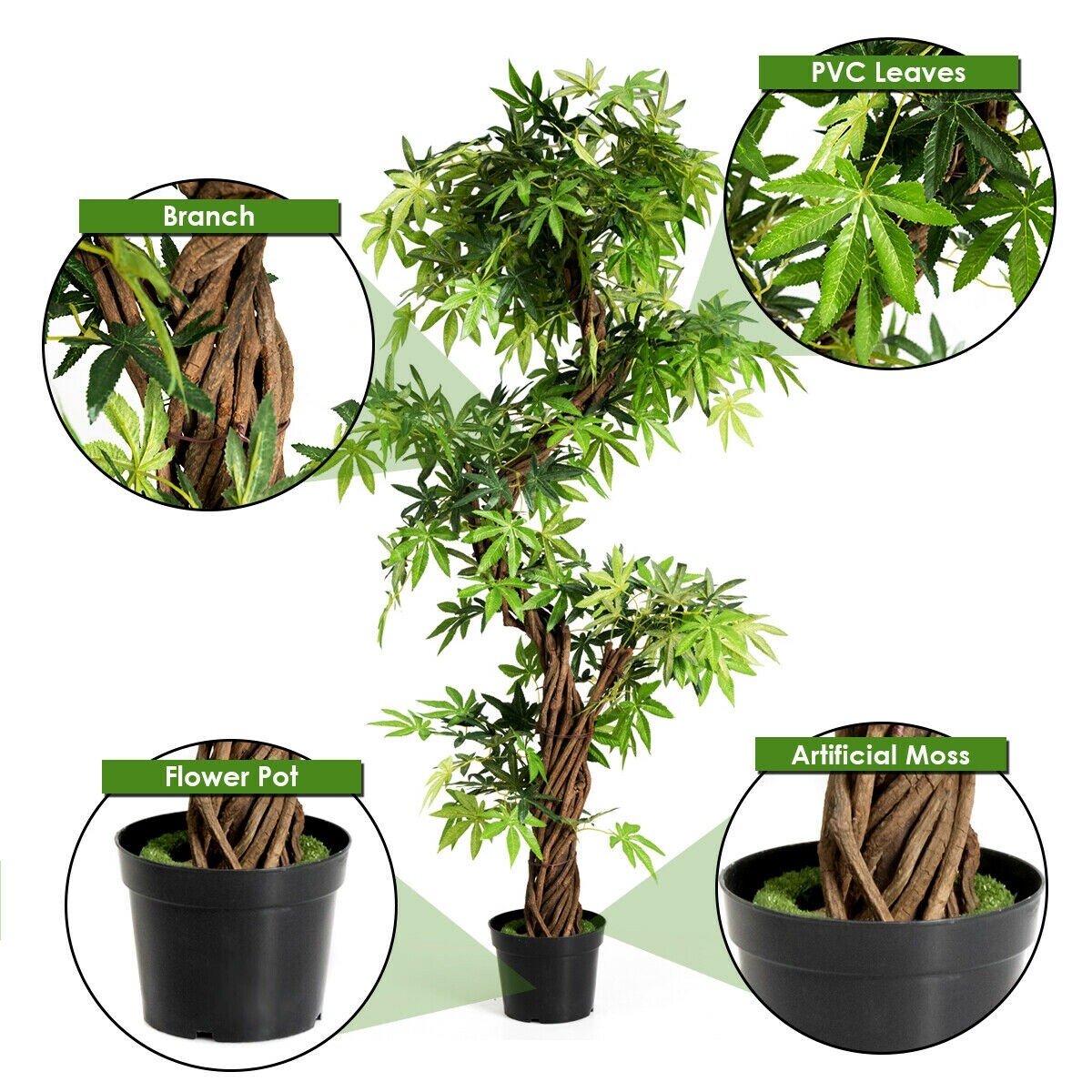 5-jalase kunstliku kiilu punase viinapuu roheliste lehtedega bonsai