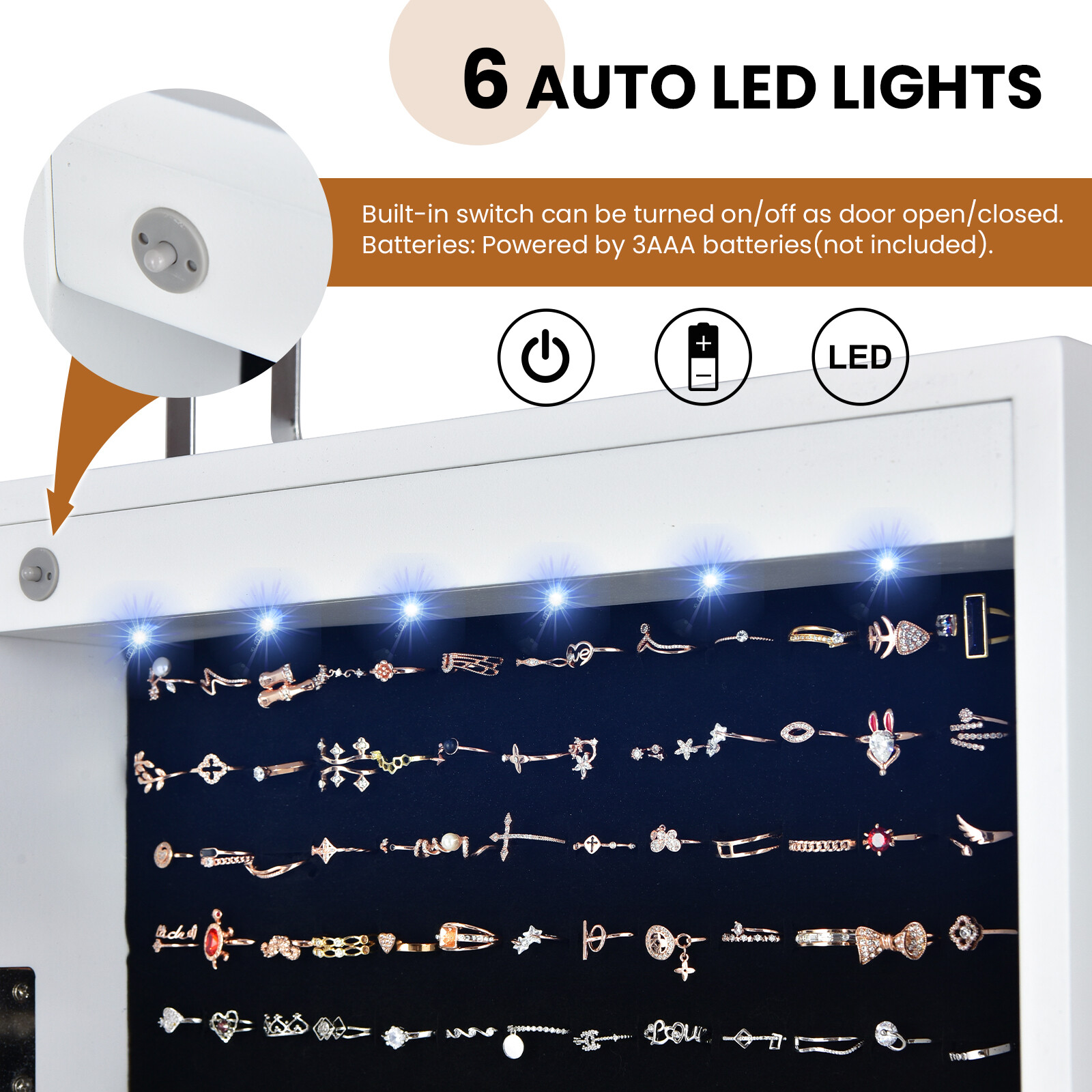 Seinale kinnitatav täisekraaniga peegliga ehtekapp, 6 LED-ga, valge
