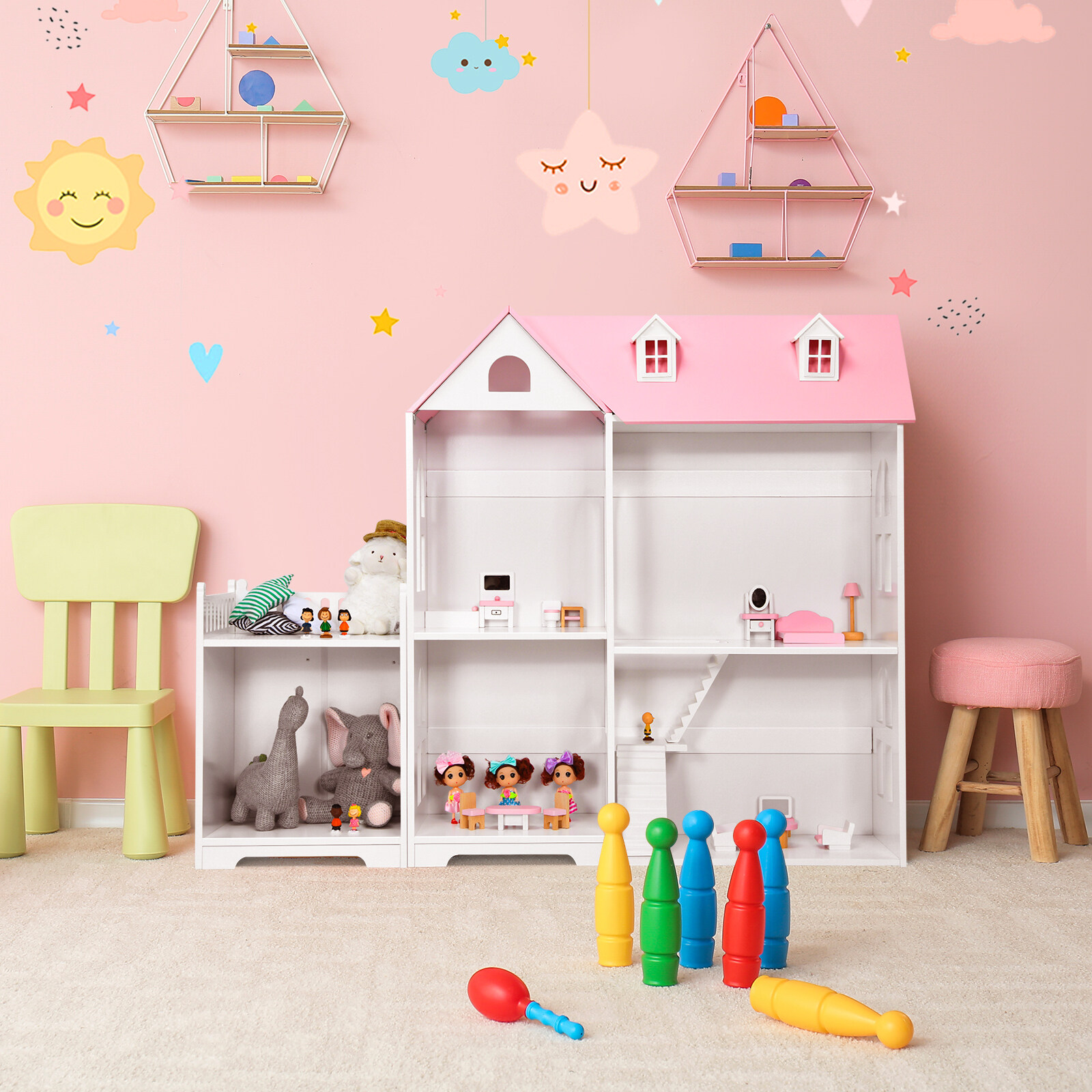 2-Tier Dollhouse Bookcase with Sufficient Storage Space-Gray