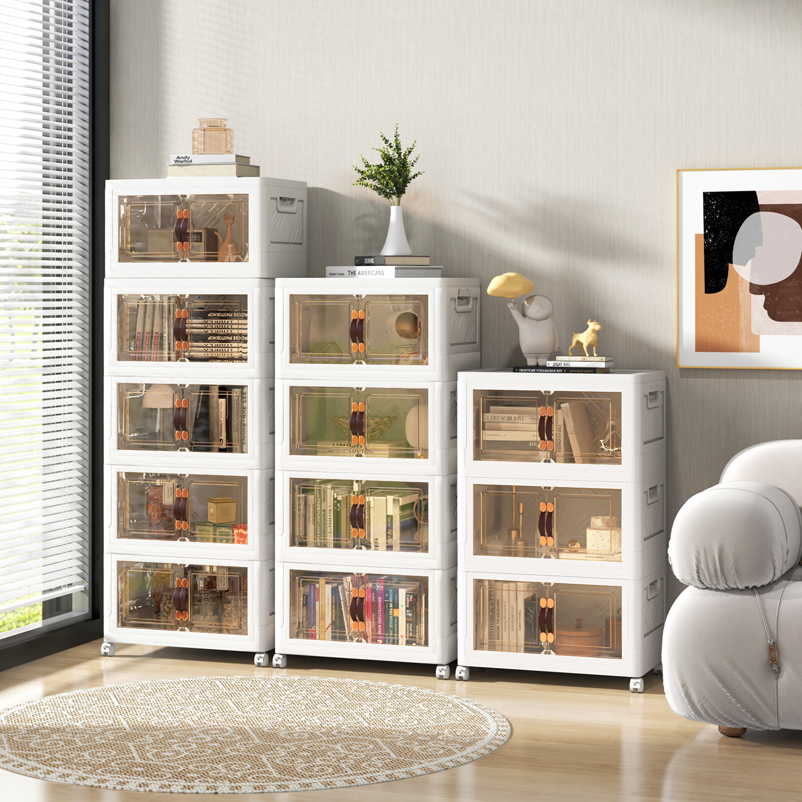 Stackable Storage Bins with 2 Lockable Wheels-4 Pack