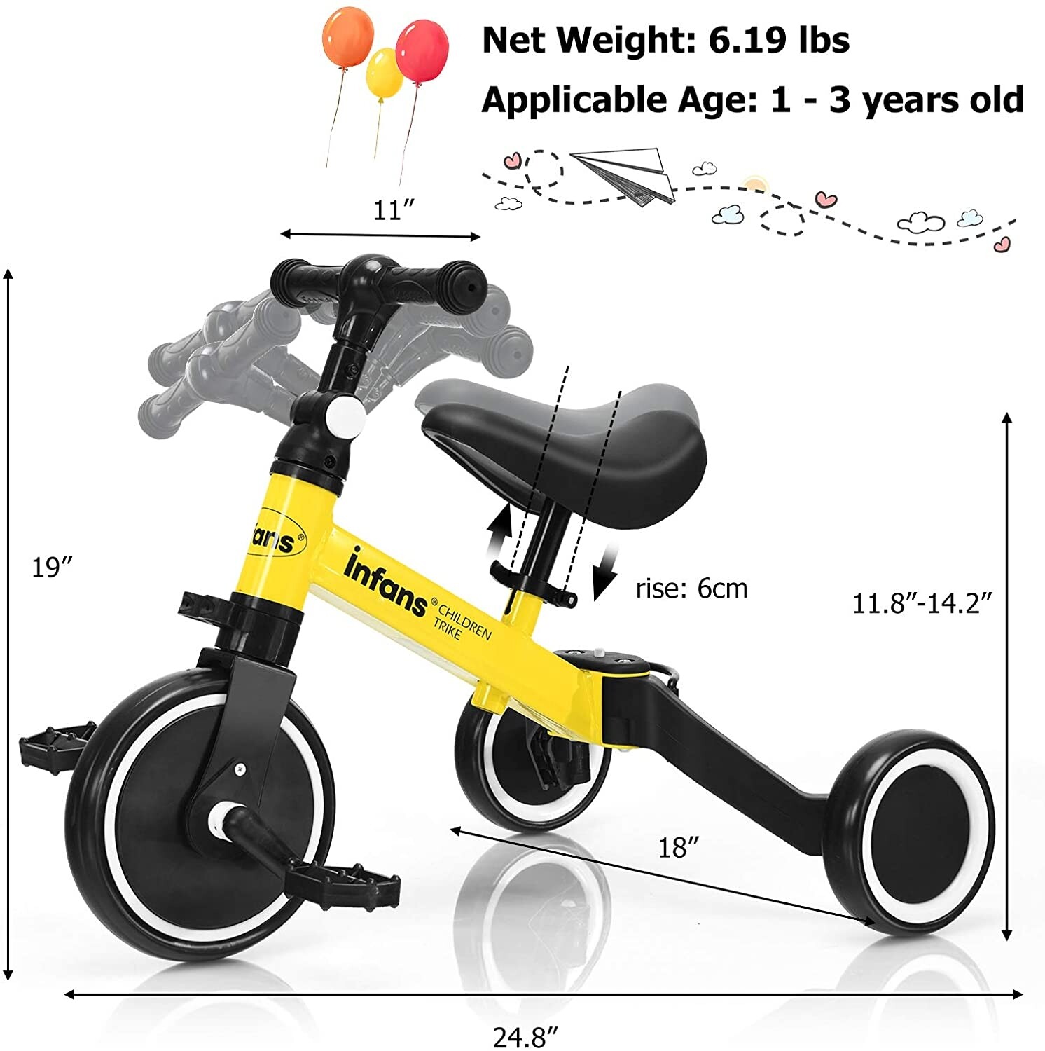 3 in 1 3 Wheel Kids Tricycles with Adjustable Seat and Handlebarfor Ages 1-3-Yellow 3 in 1 3 Wheel Kids Tricycles with Adjustable Seat and Handlebarfor Ages 1-3-Yellow