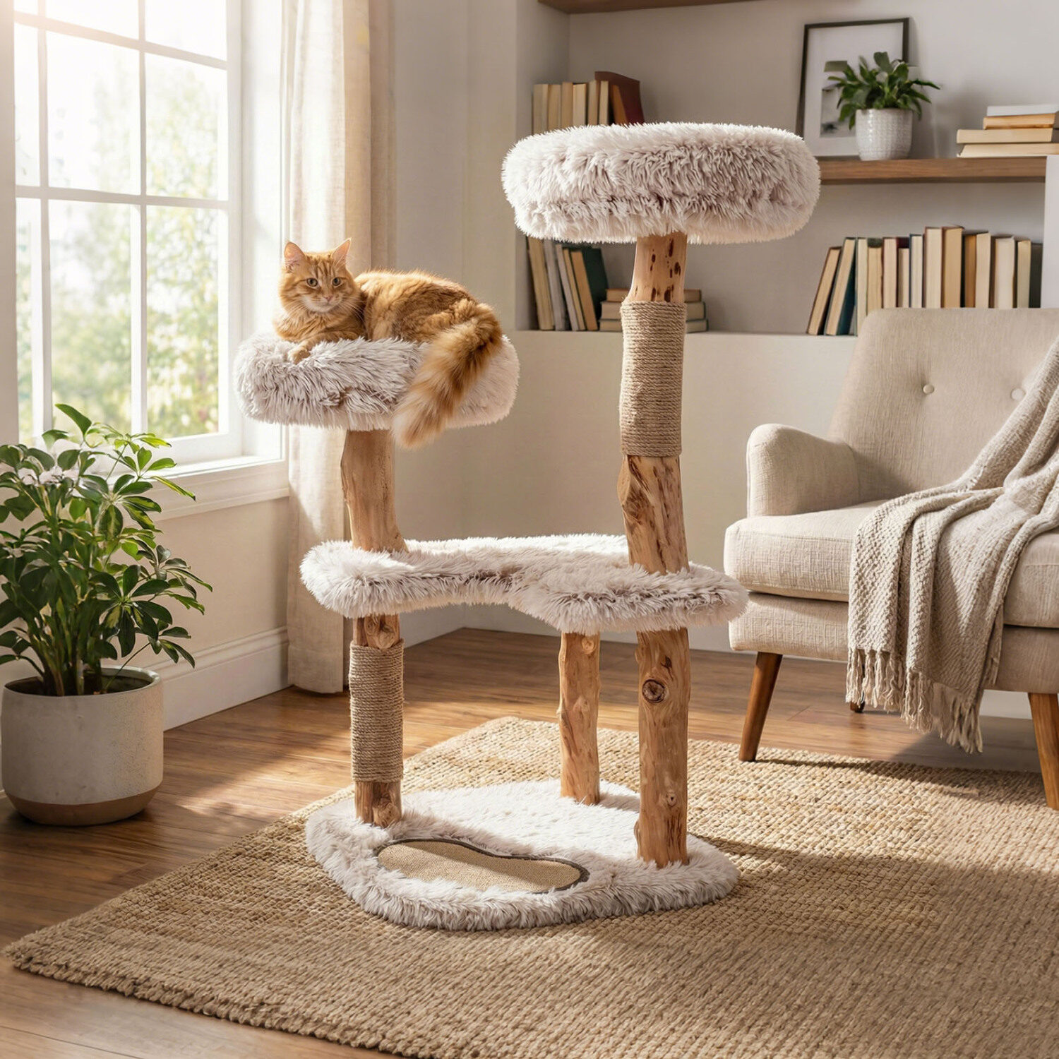 Moodne kassipuu torn 102 cm luksusliku pärispuidust naturaalse oksaga - valge