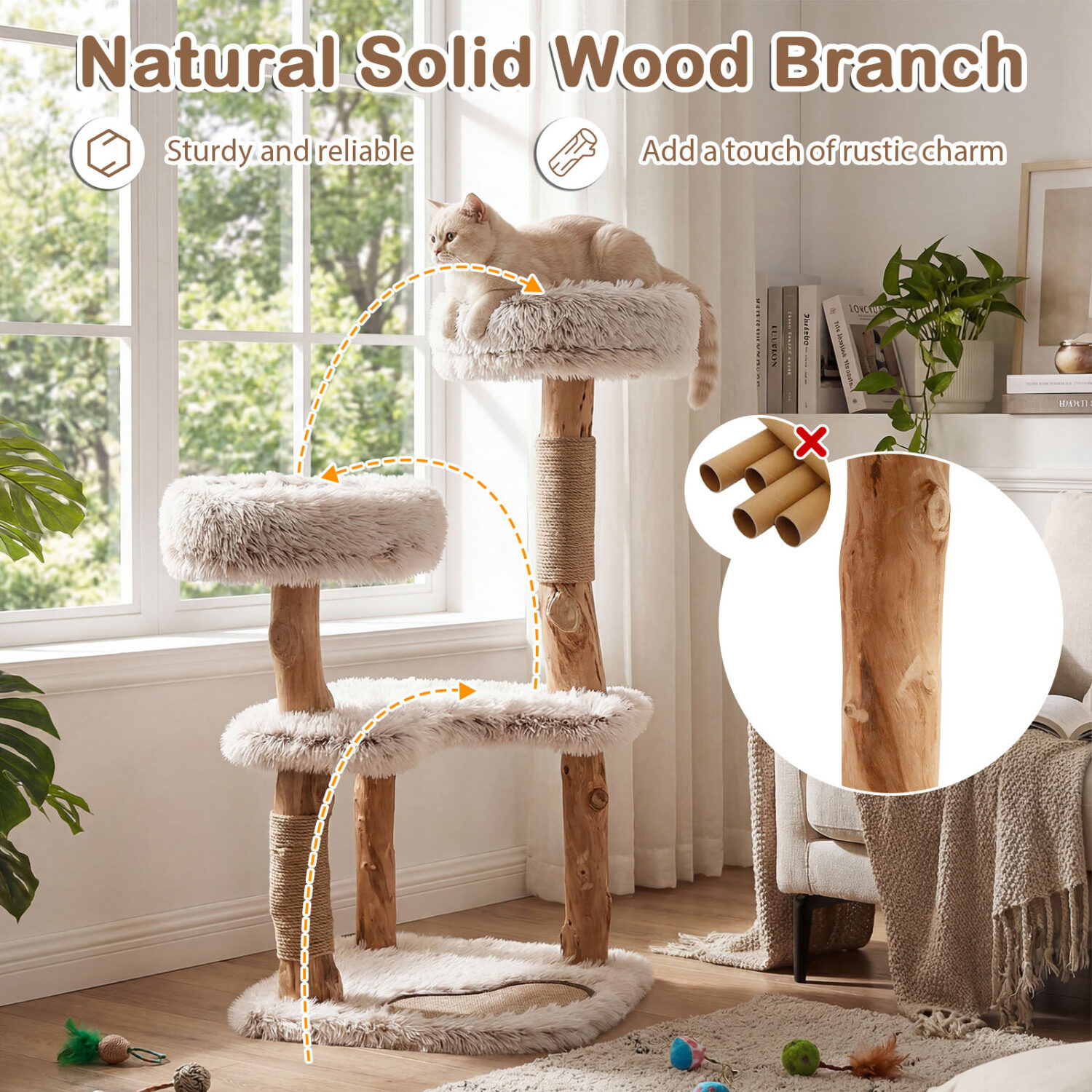 Moodne kassipuu torn 102 cm luksusliku pärispuidust naturaalse oksaga - valge