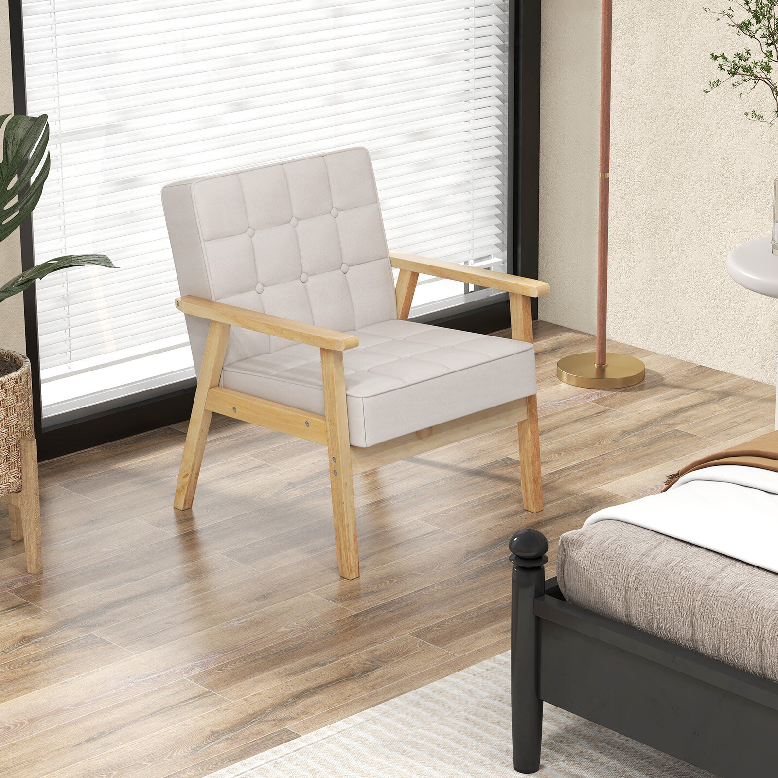 Upholstered Armchair with Rubber Wood Armrests-Beige Upholstered Armchair with Rubber Wood Armrests-Beige
