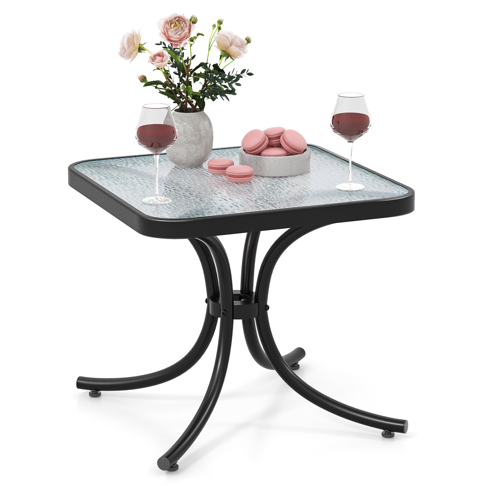 Karastatud klaasist pealispinnaga terrassilaud, 51 cm x 51 cm välistingimustes kasutatav kõrvallaud vastupidava metallraamiga, terrassi kandiline otsalaud, sise- ja välistingimustes kasutatav väike kompaktne kohvilaud