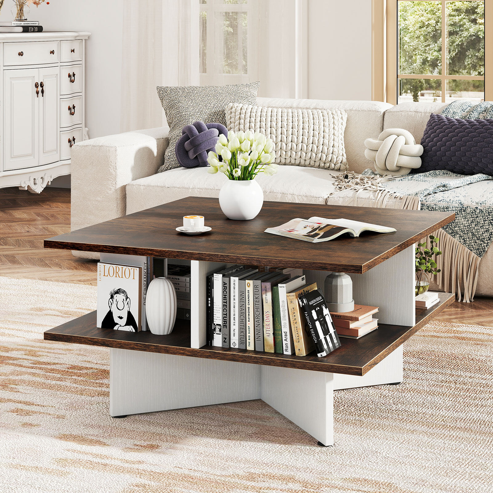 2-Tier Square Coffee Table with 4 Storage Compartments-Rustic Brown