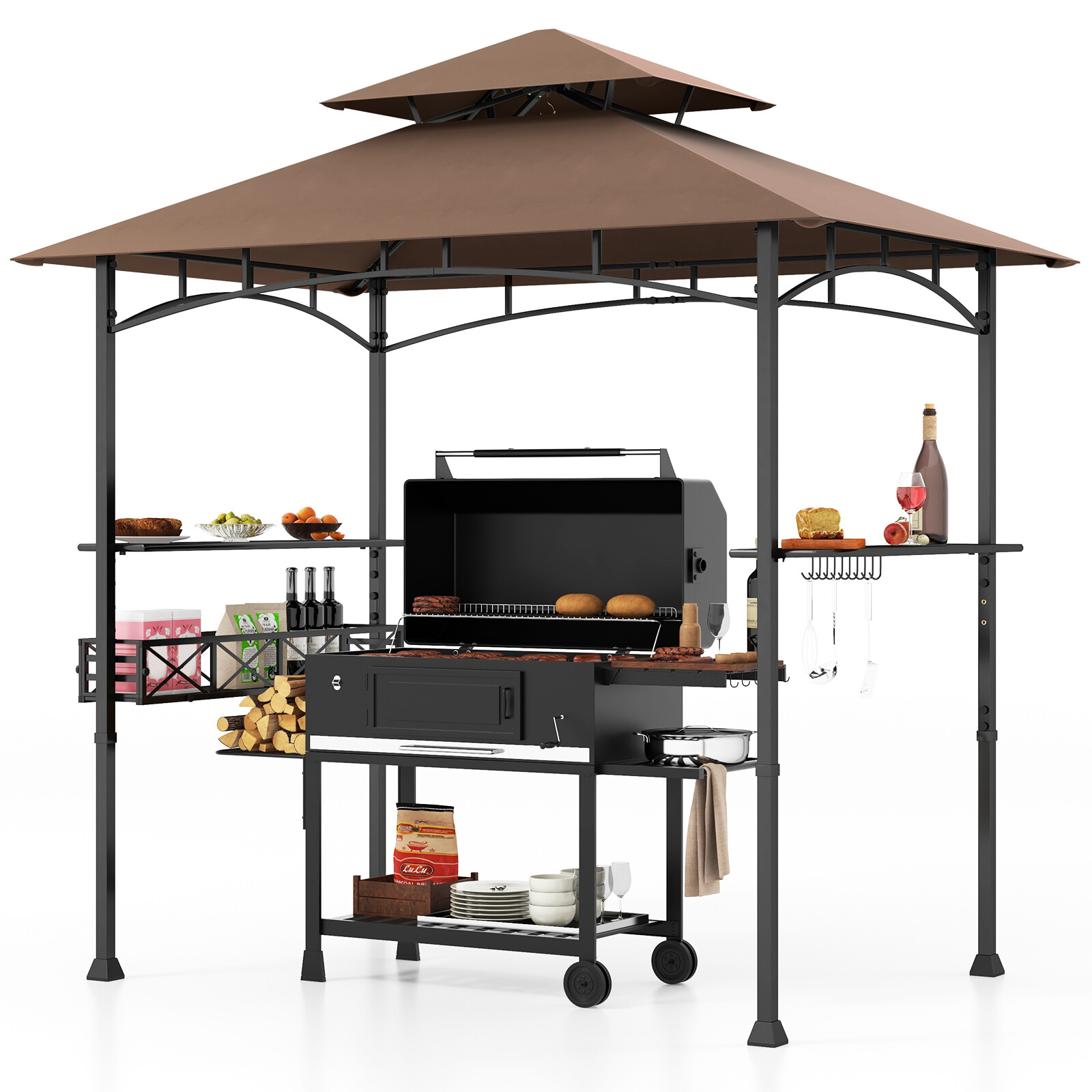 8 x 5 jala (2,4 x 1,5 meetri) suurune õuegrill-varikatus 2 külgriiuli ja 10 konksuga - pruun