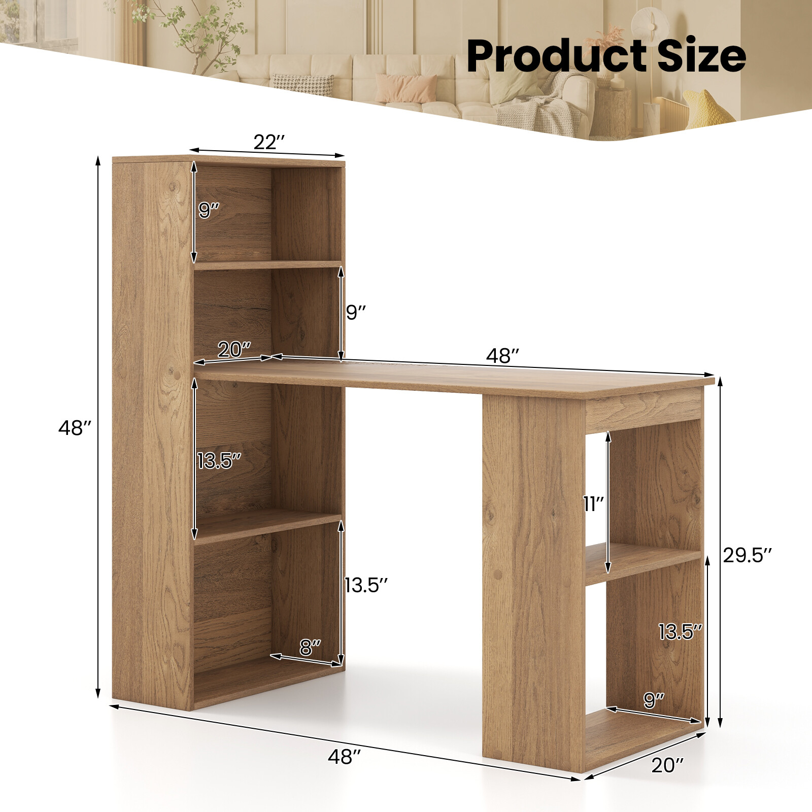 122 cm arvutilaud 4-korruselise raamaturiiuli ja arvutialusega – naturaalne