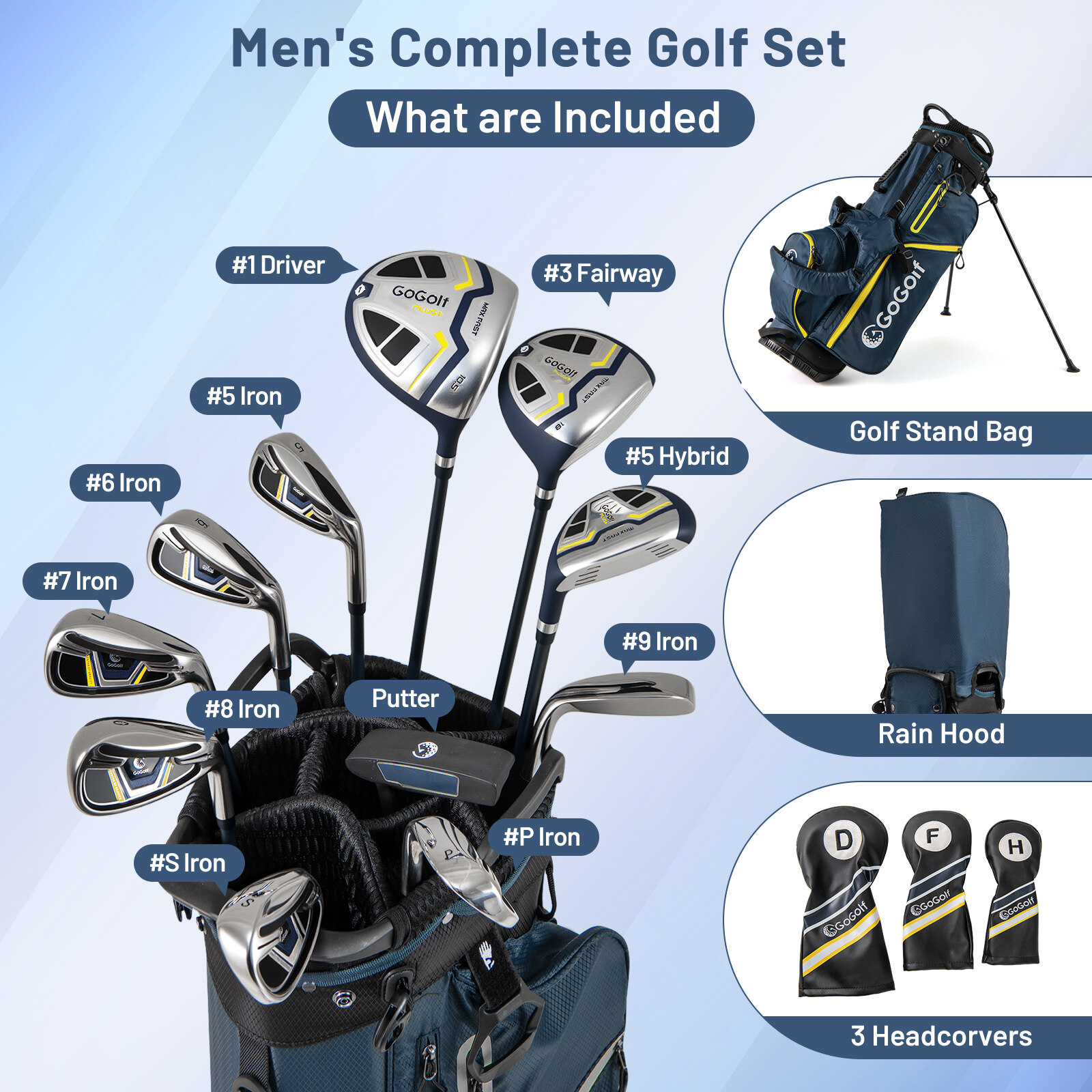 Meeste golfikeppide ja koti komplekt paremakäelistele – kollane