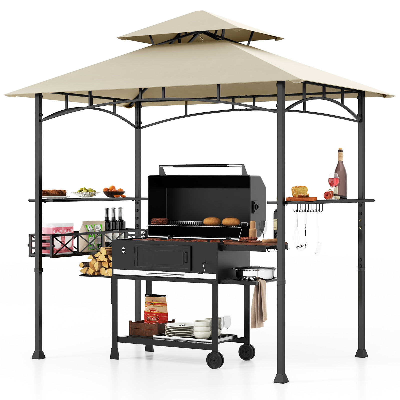 8 x 5 jala (2,4 x 1,5 meetri) suurune õuegrill-varikatus kahe külgriiuli ja 10 konksuga - beež
